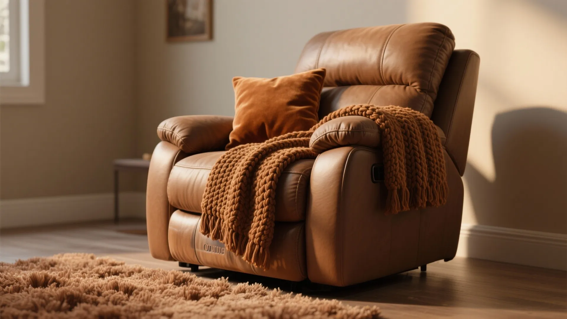 Brown recliner styled with knit throw, velvet cushions, and shag rug