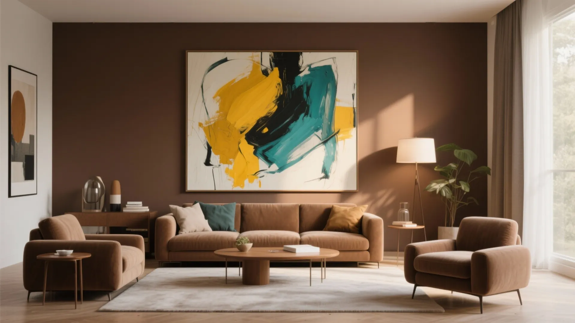 Abstract mustard and teal art in a brown living room