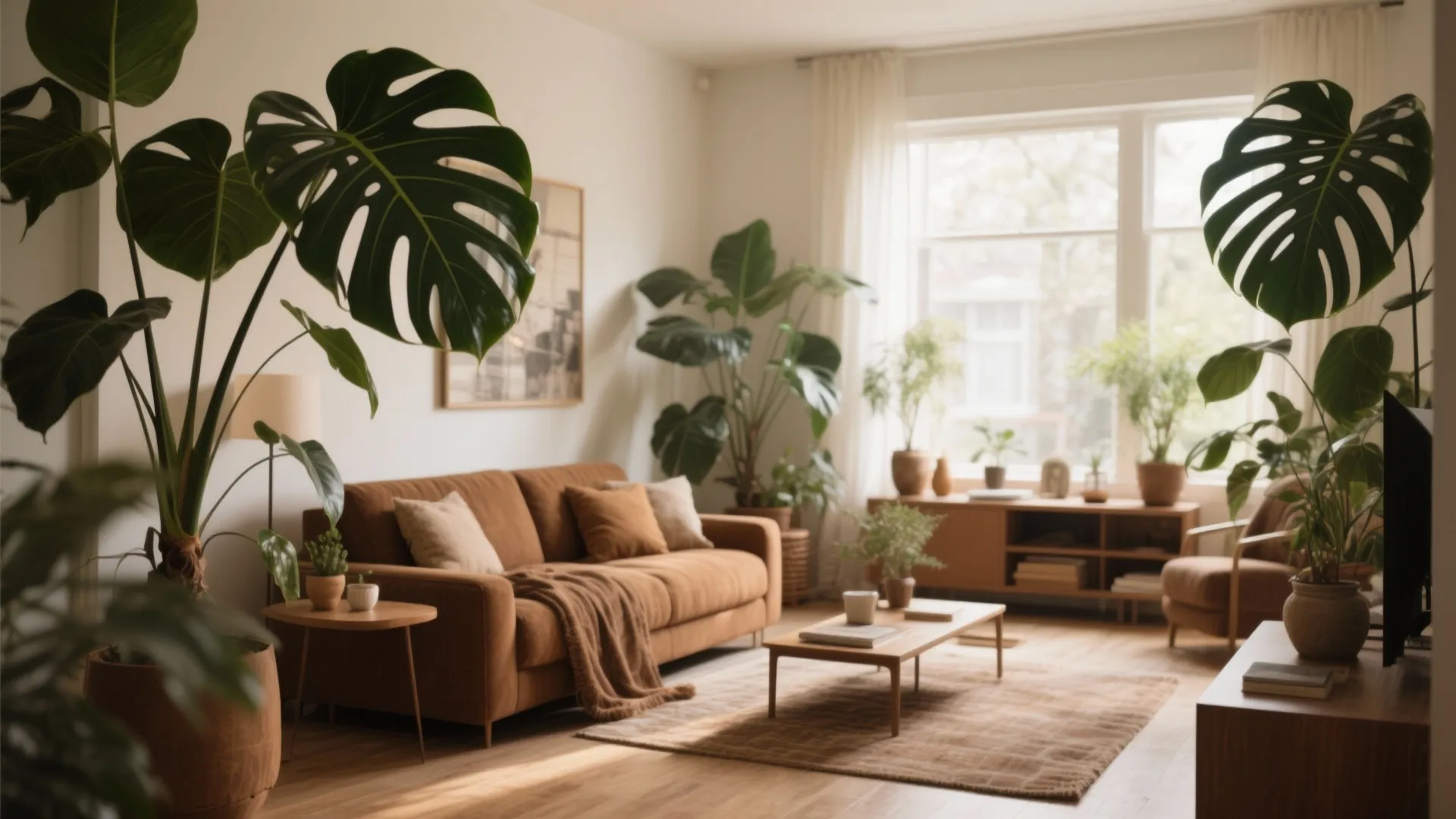 Brown living room with large green indoor plants