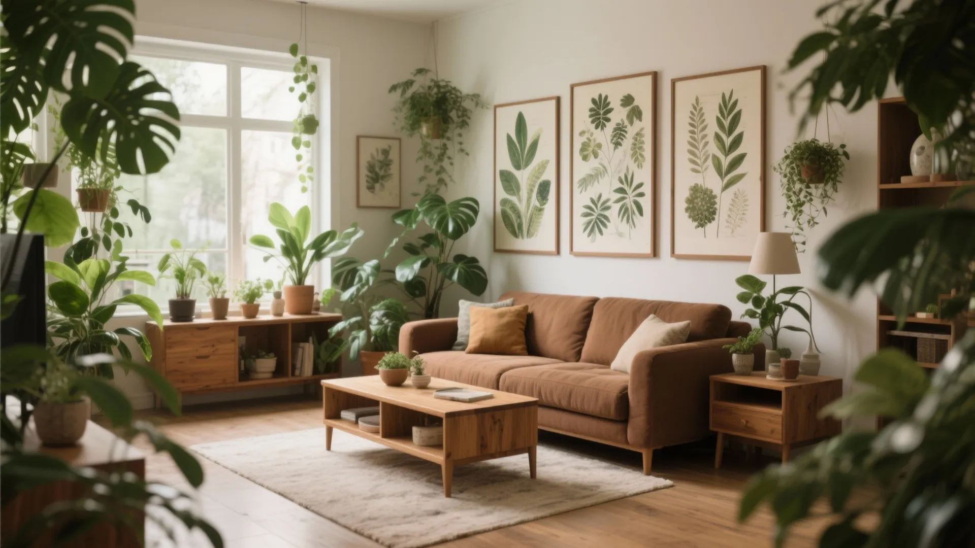 Cozy living room with brown sofa wooden coffee table botanical wall art and many green plants