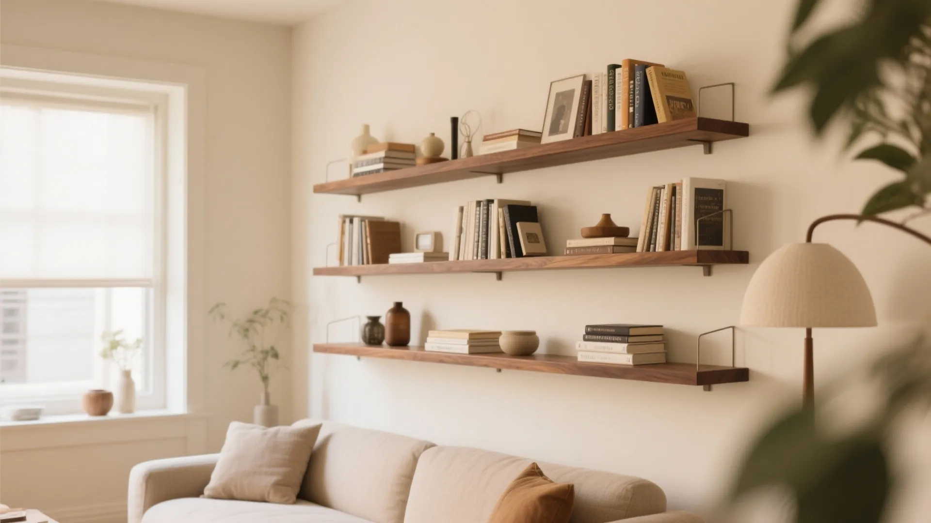 8. Brown Floating Shelves on Cream Walls