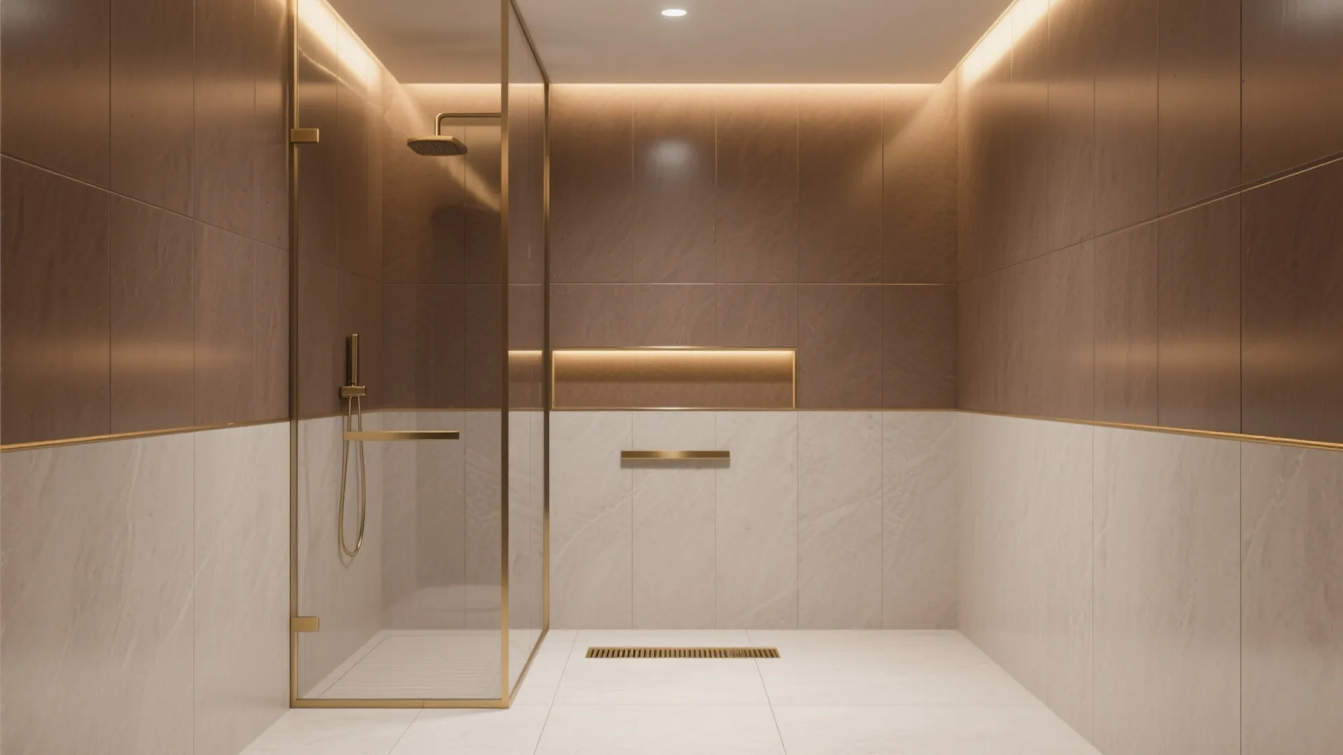 1) Warm Brown Porcelain Slabs in the Shower
