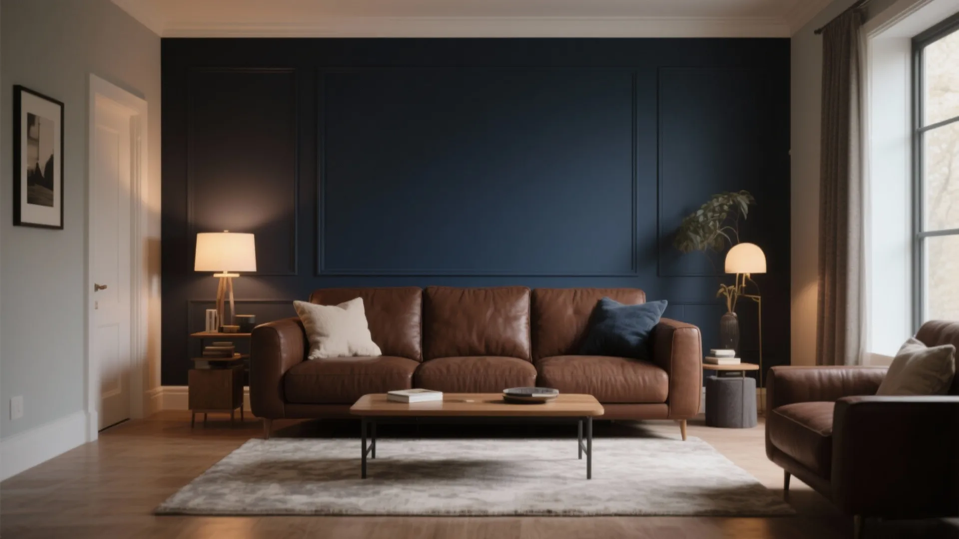 Chocolate brown sofa against a dark navy accent wall