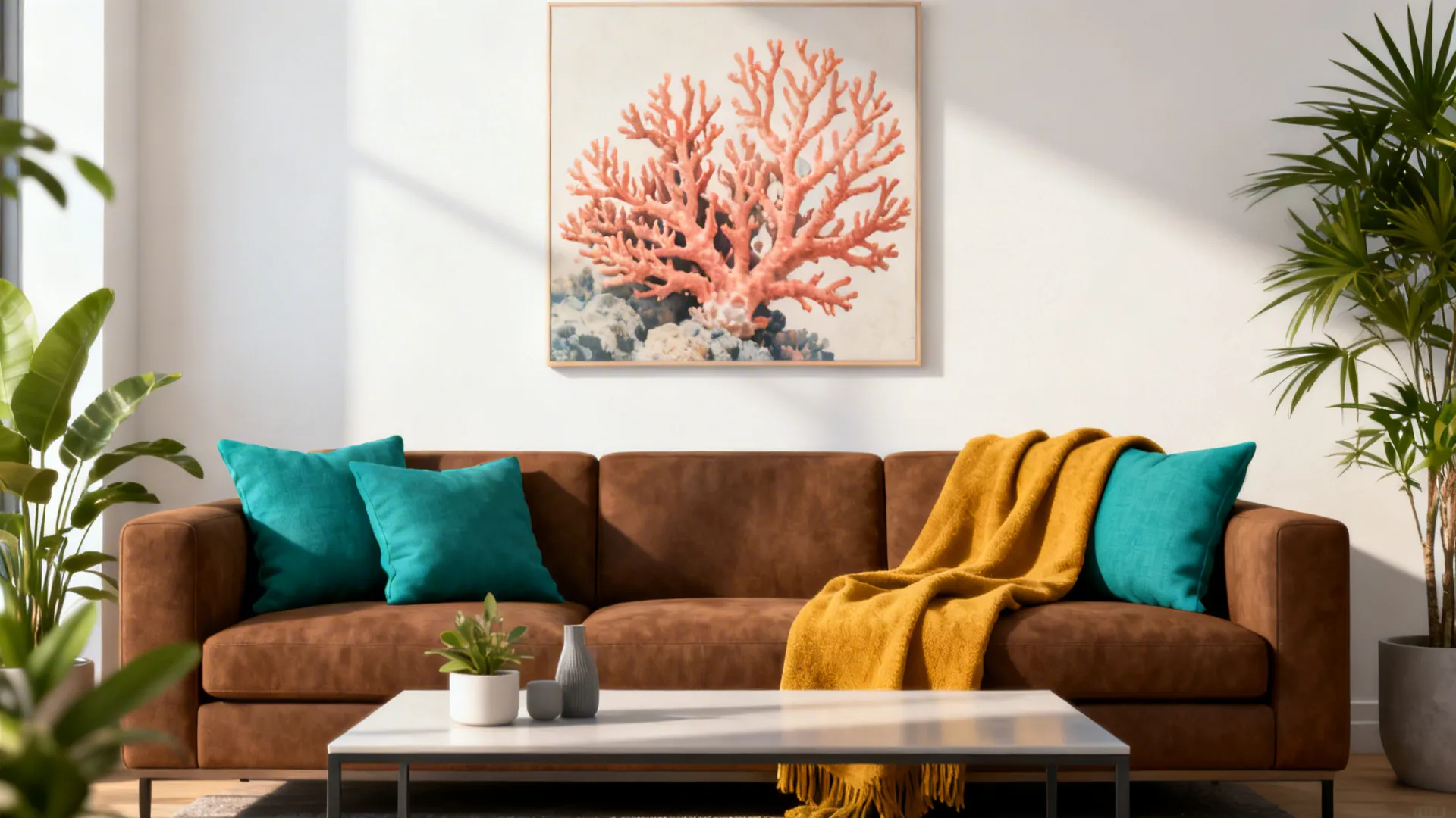Brown sofa with teal and mustard cushions and coral artwork on the wall.