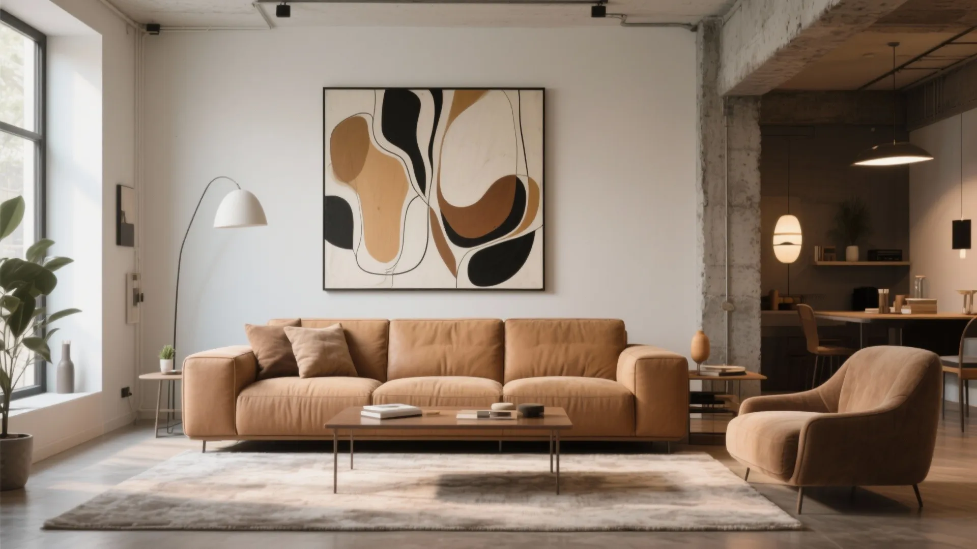 Modern living room with tan sofa armchair large wall art coffee table and floor lamp
