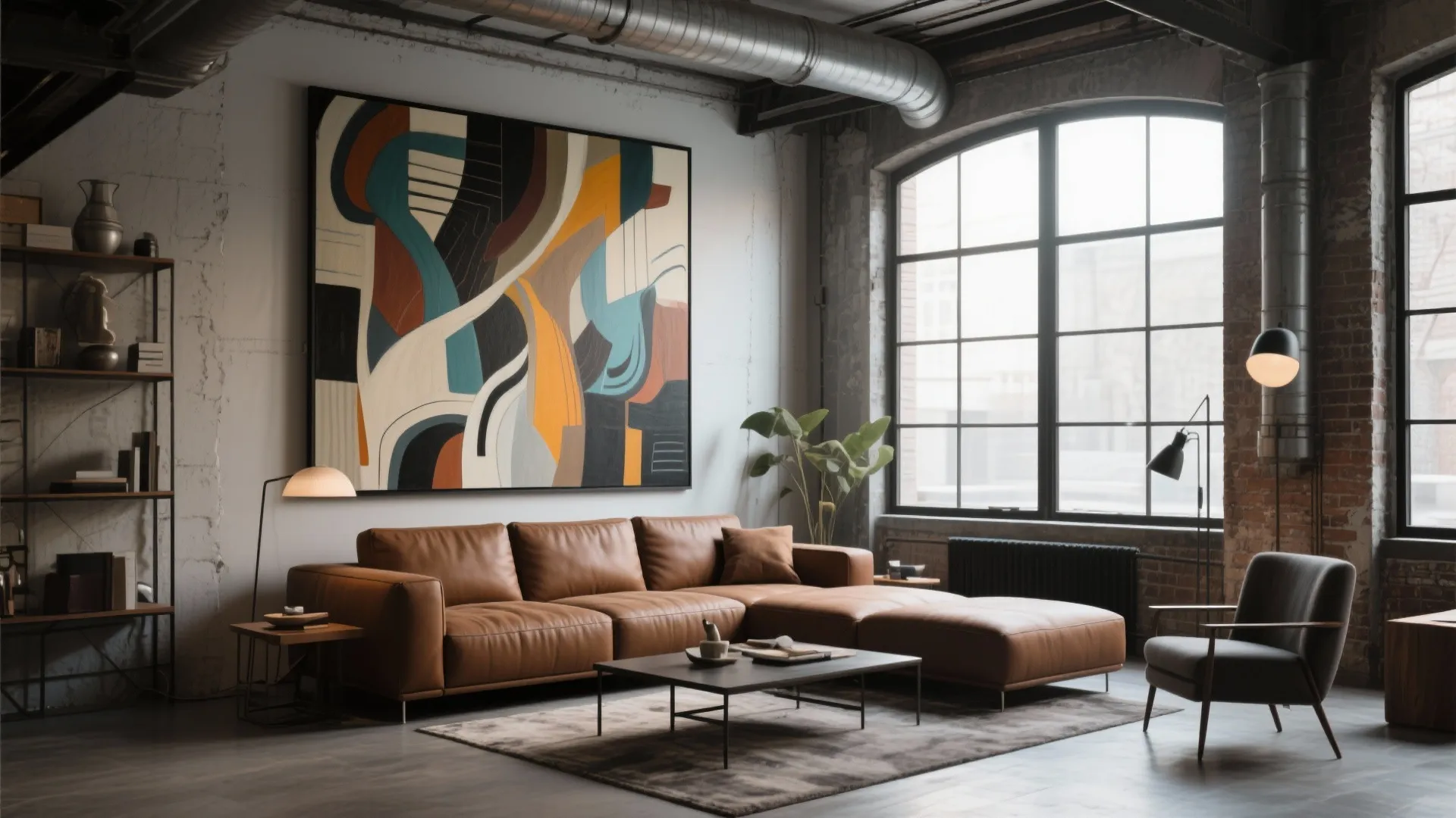 Brown sectional with large abstract artwork above
