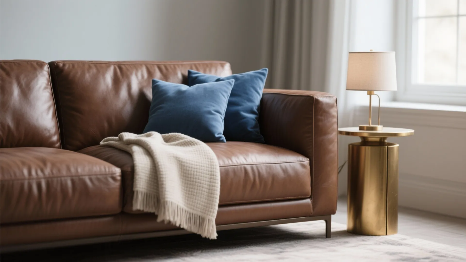 1. Anchor with a Warm Brown Sofa and Blue Accents