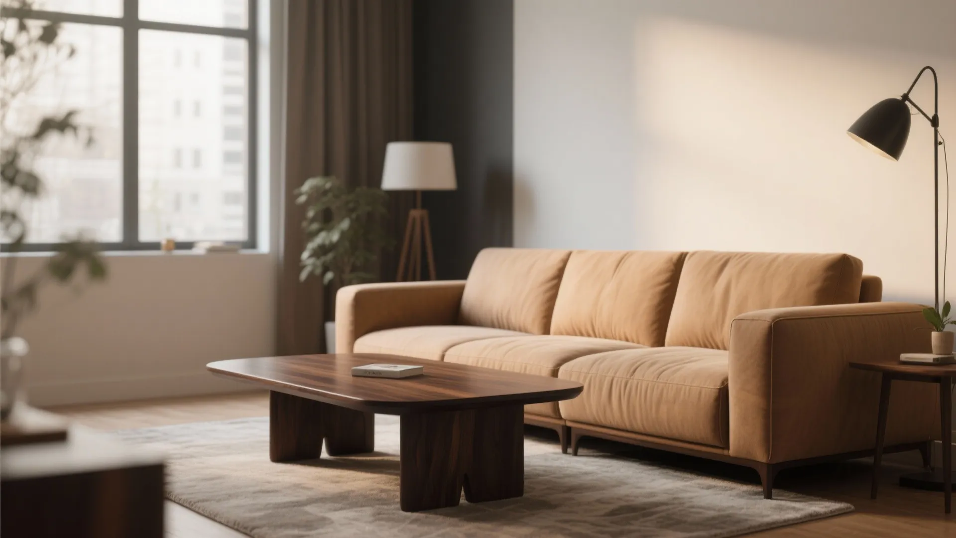 Comfortable leather sofa with dark wood coffee table floor lamp and city view through window