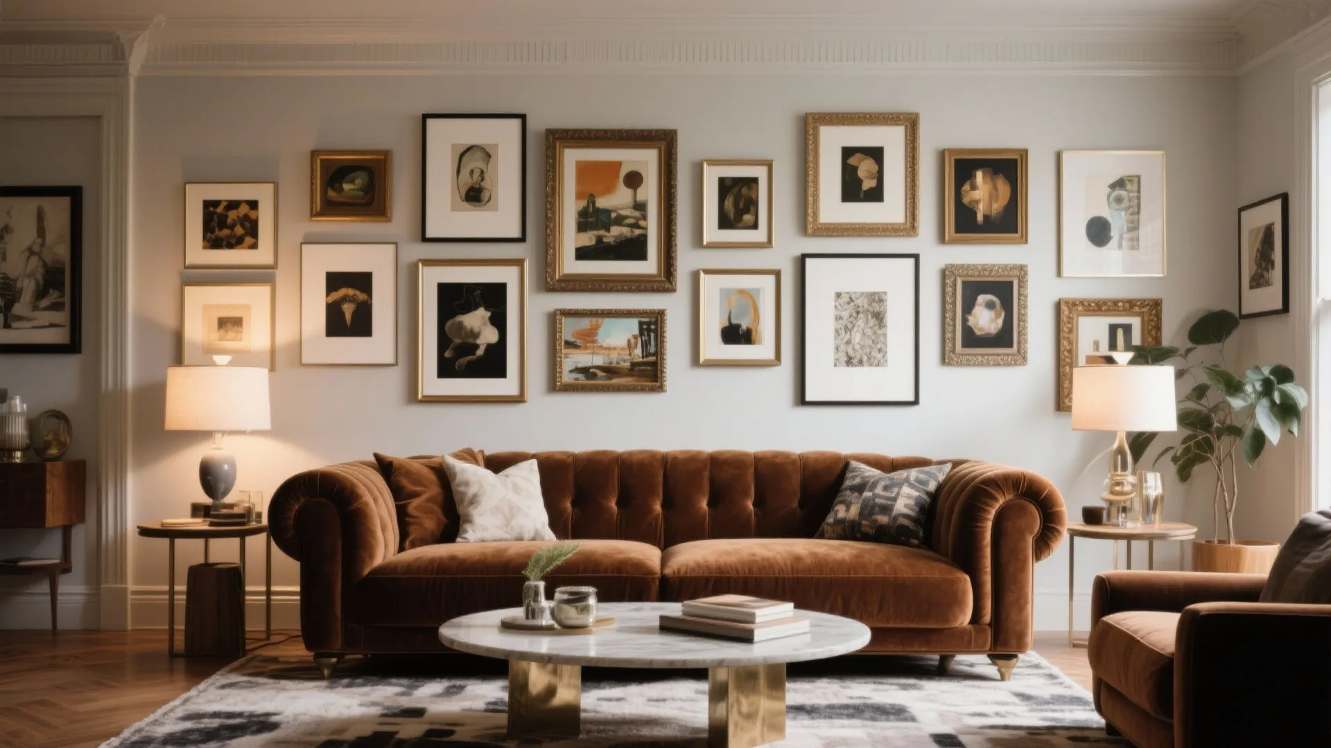 7. Brown Sofa with a Gallery Wall