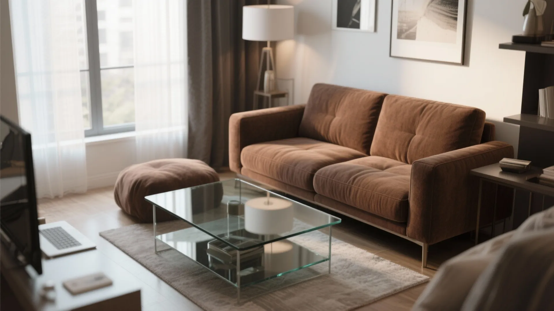 2. Brown Sofa with Glass Coffee Table