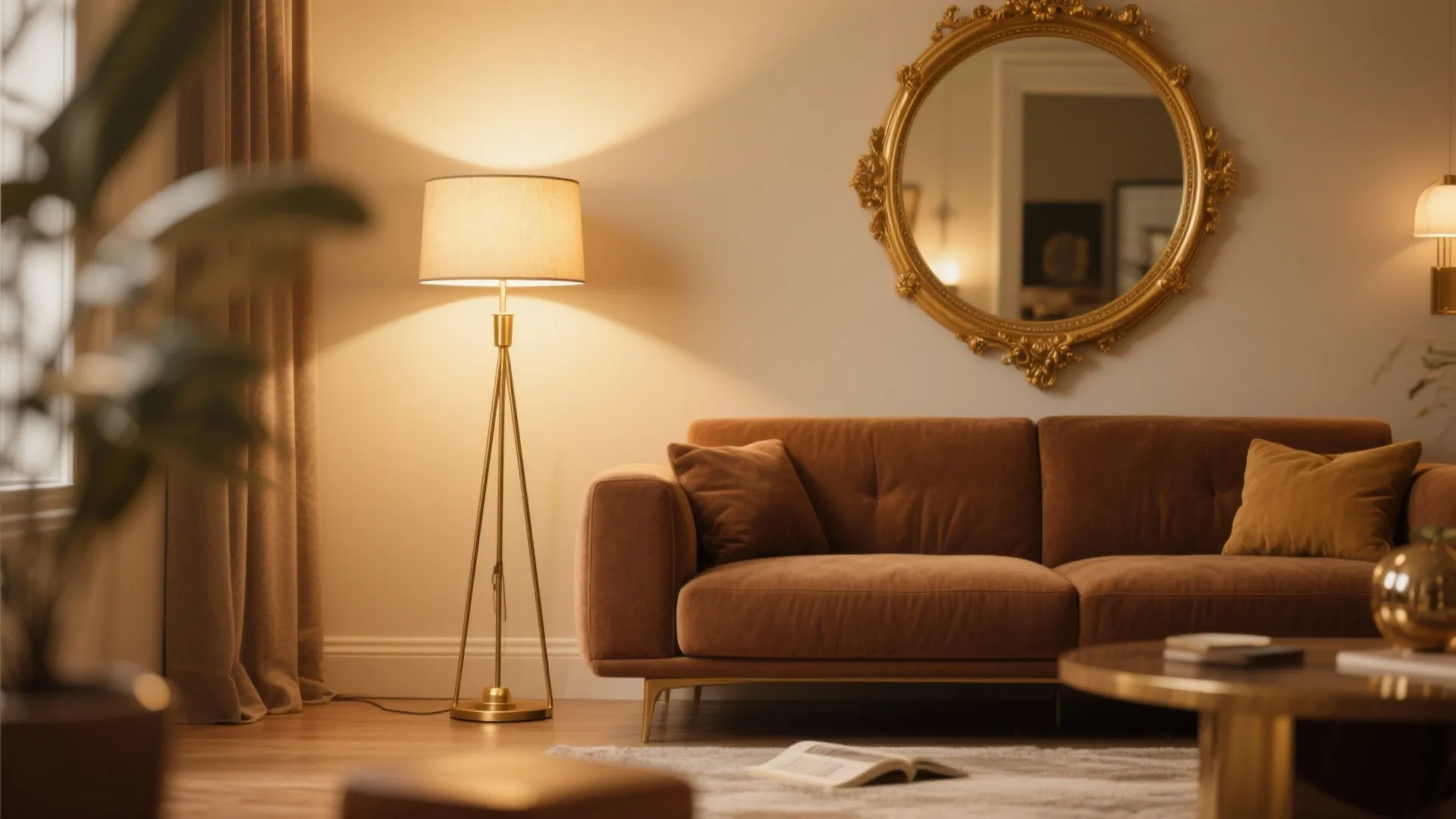 Brown sofa with brass lamp and gold mirror accents