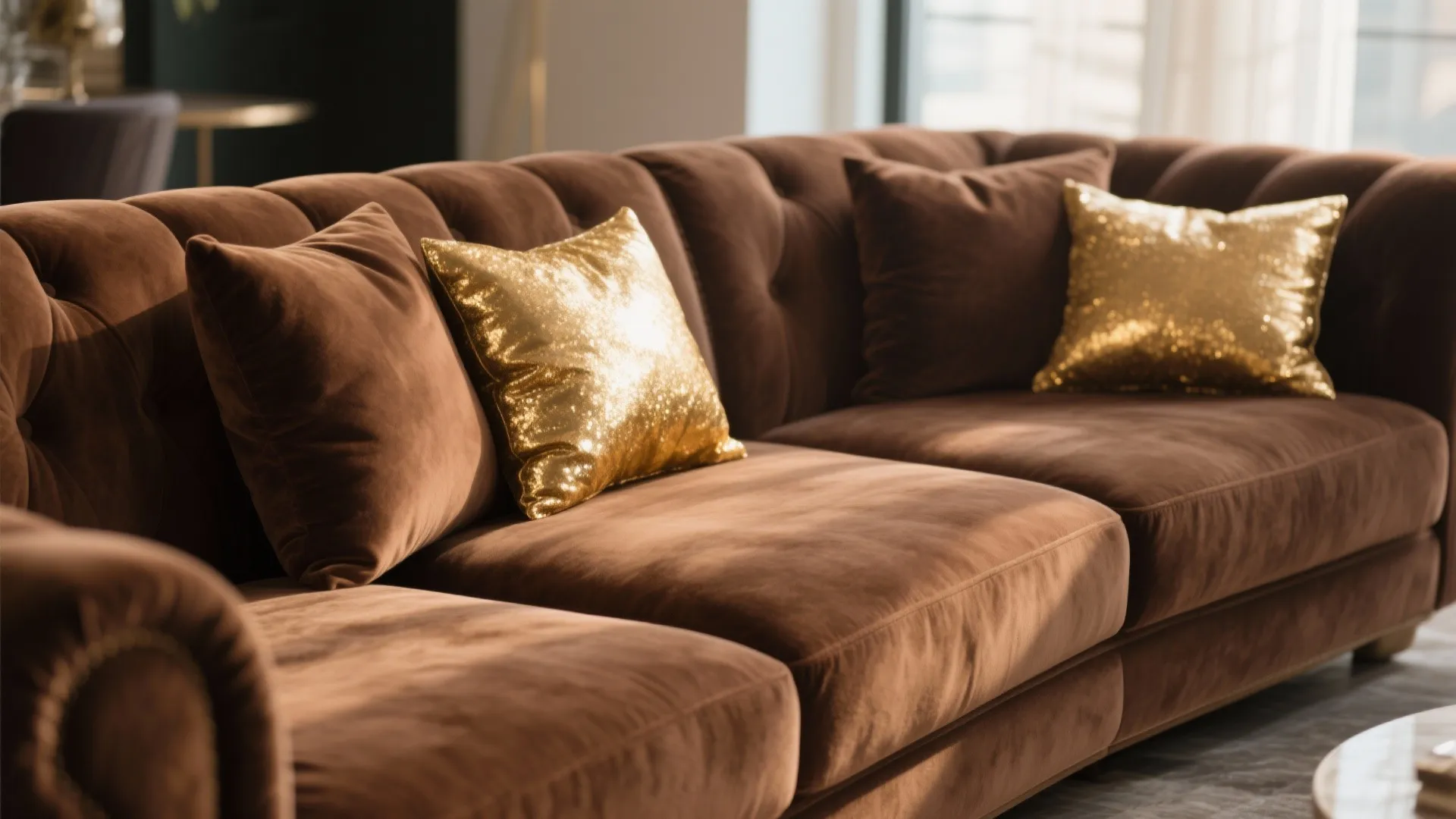 6. Plush Brown Sofa with Gold Accent Pillows