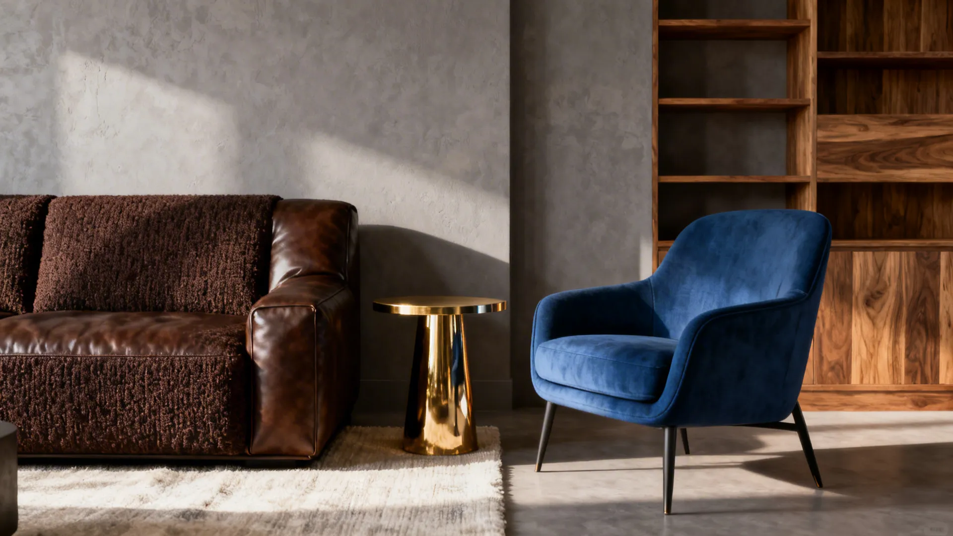 Deep brown sofa against a soft gray wall with a blue armchair and light textiles