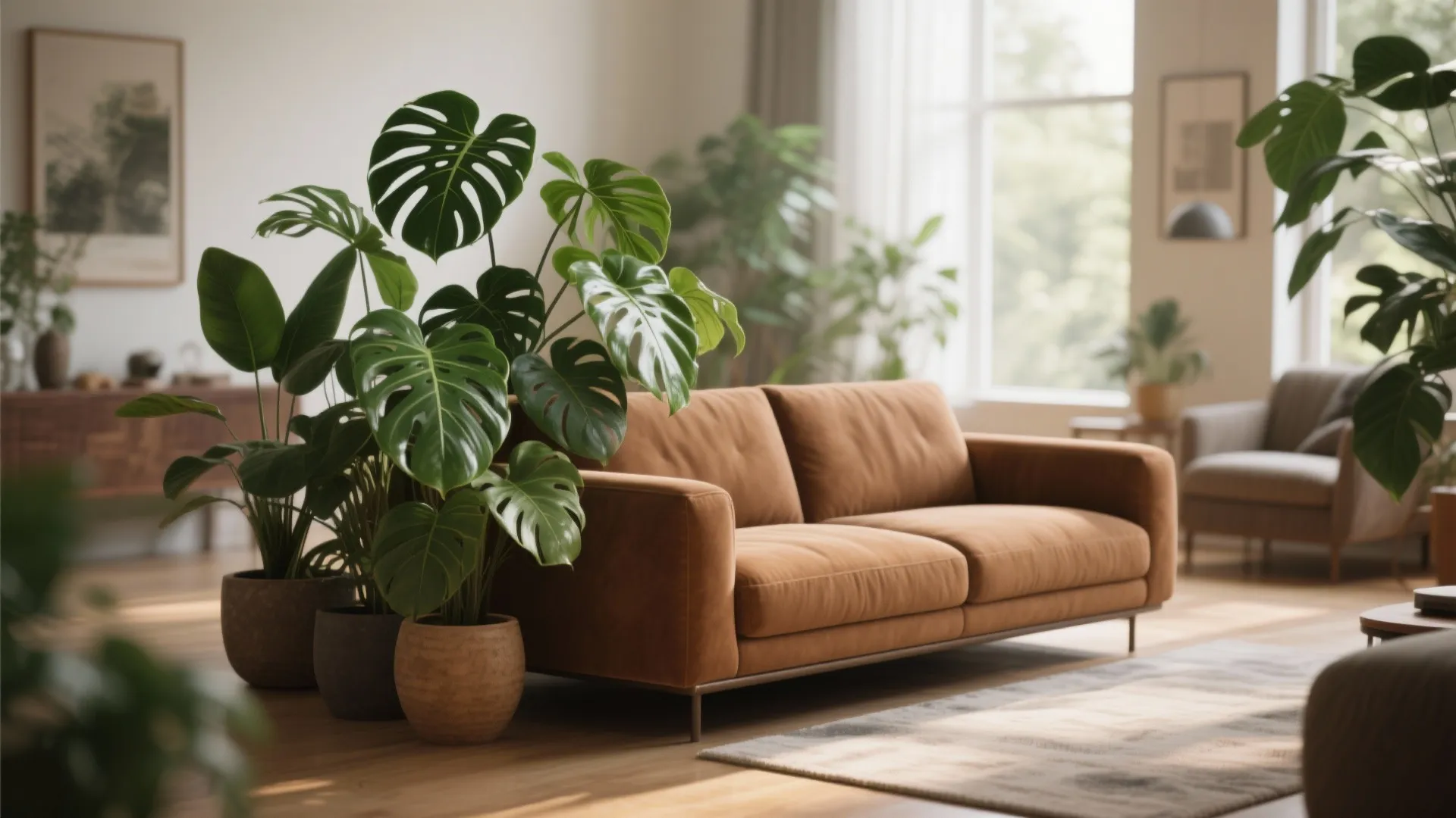 Brown loveseat paired with lush green indoor plants