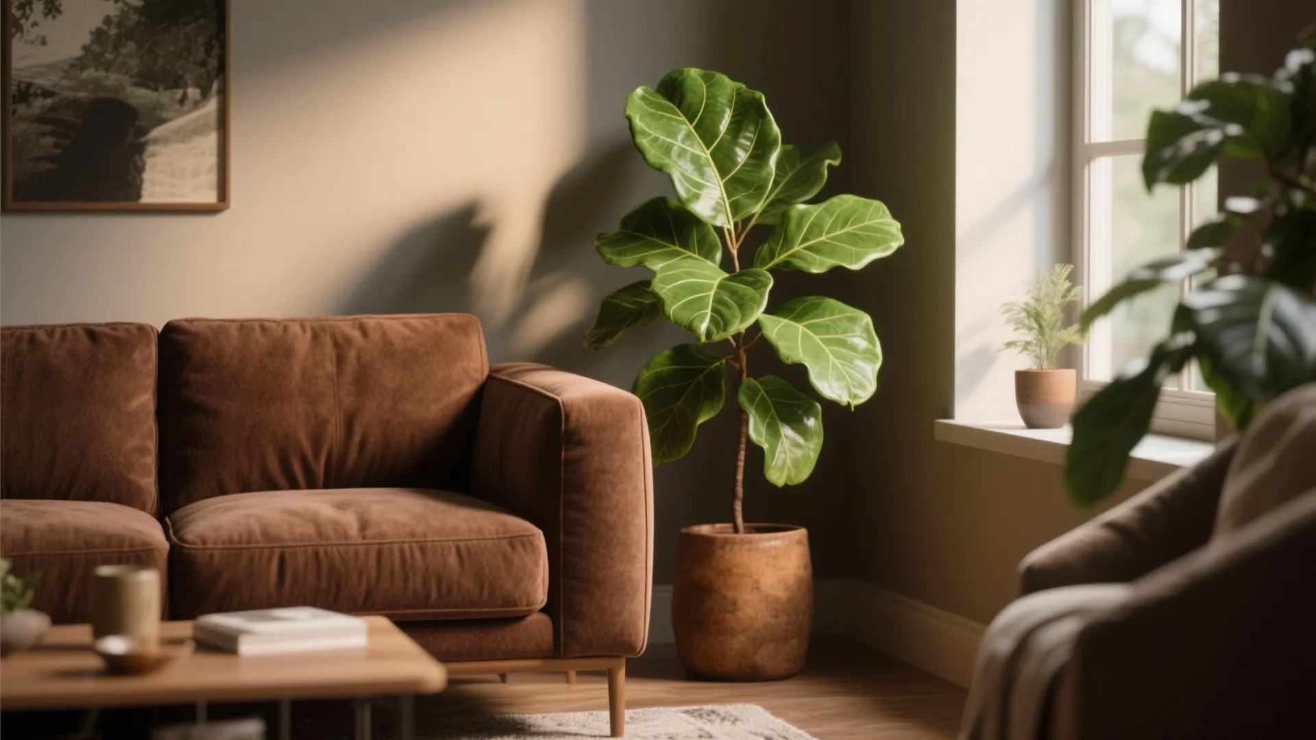 Brown sofa with tall green plant beside it in sunlight