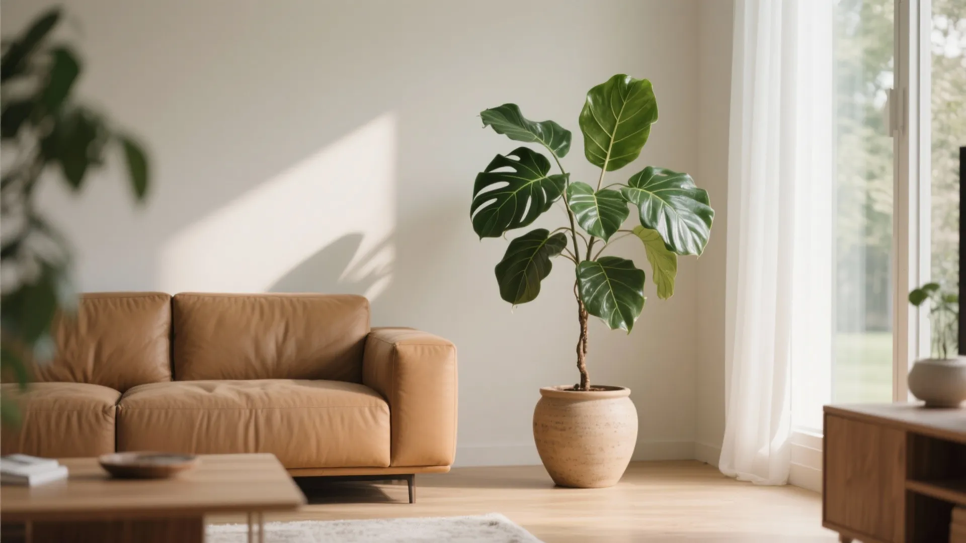 Brown leather sofa placed next to a large potted green plant beside bright white curtains