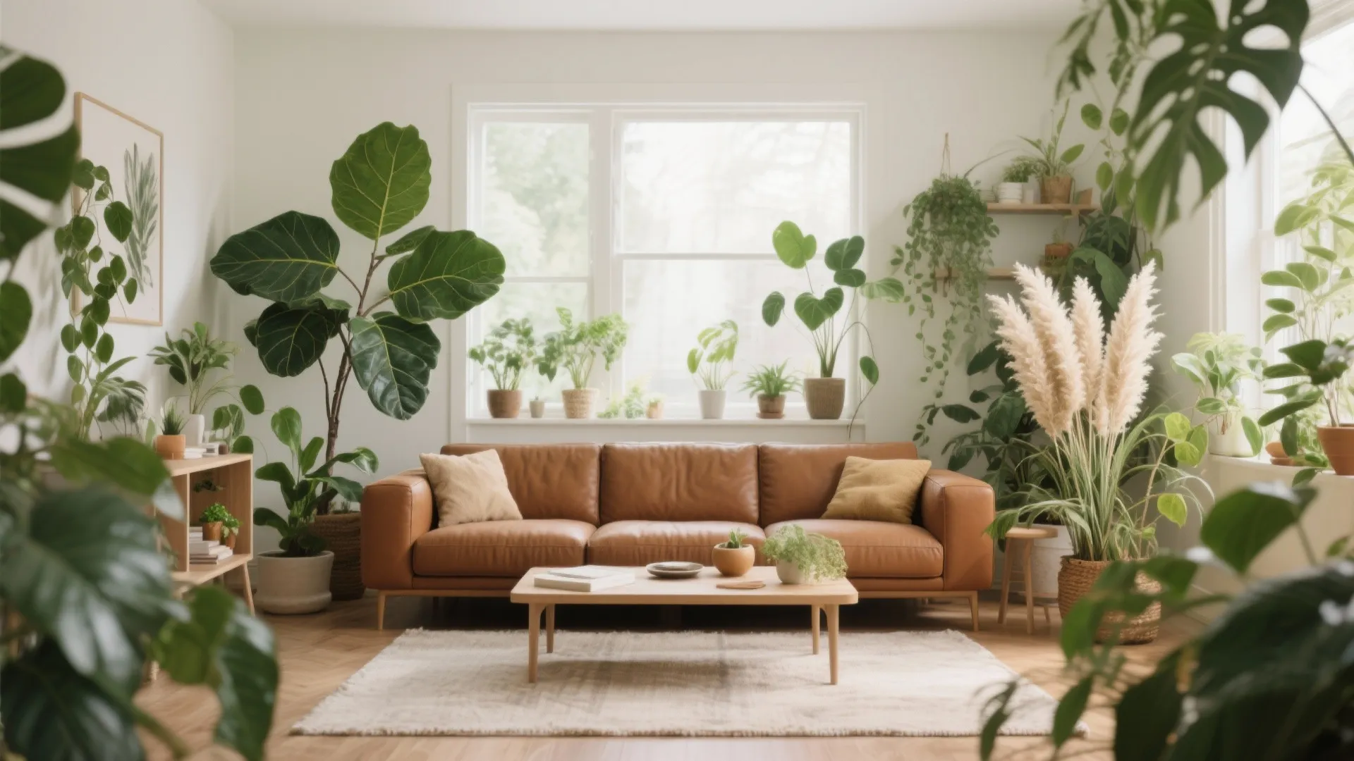 Brown sofa styled with green plants and natural light