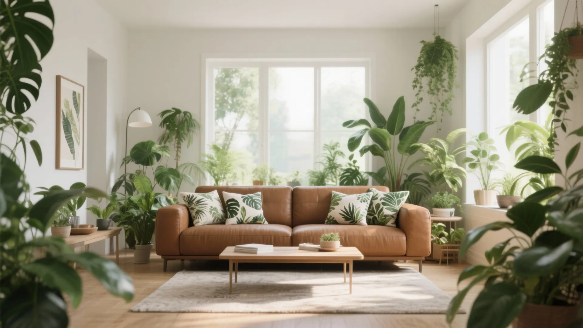 Bright living room with brown leather sofa leaf pattern pillows many green plants and wooden table