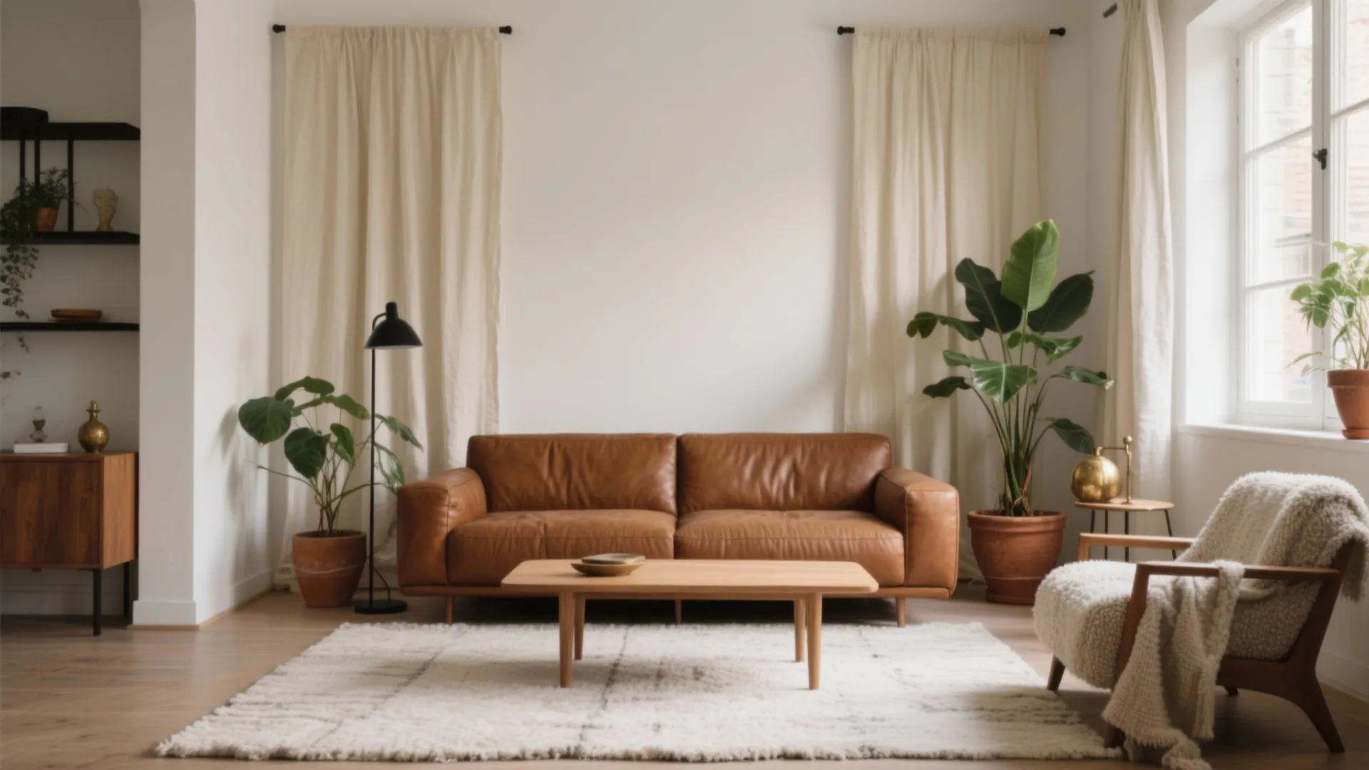 Bright living room with leather sofa, wooden coffee table, white rug, green plants, and curtains