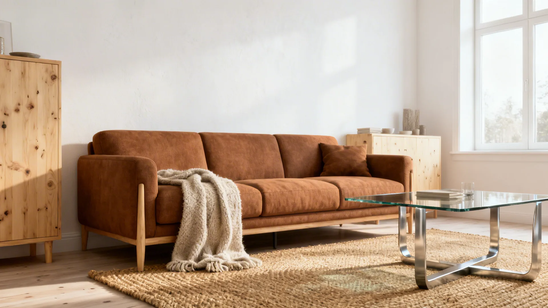 Modern minimalist living room with brown sofa glass coffee table wooden cabinet and jute rug