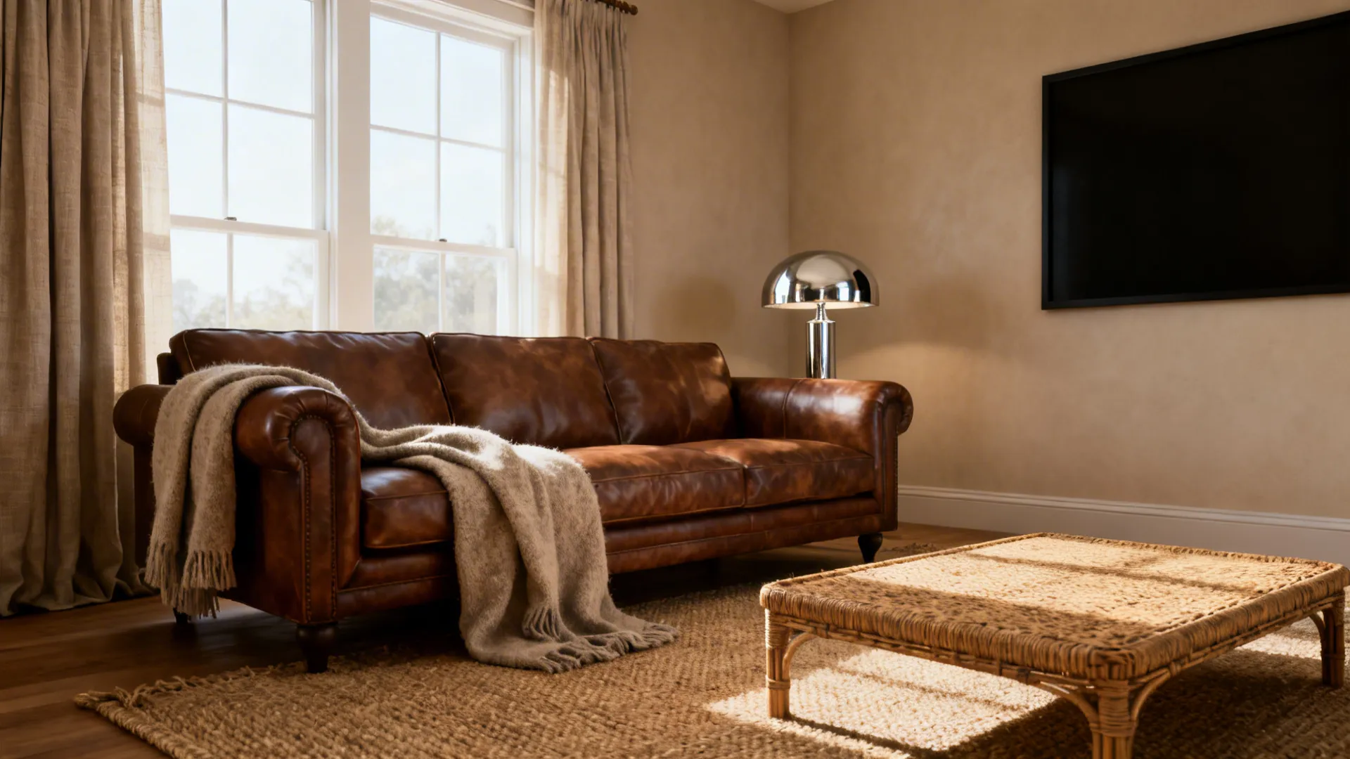 Brown leather sofa with a grey blanket near windows with curtains and a woven table