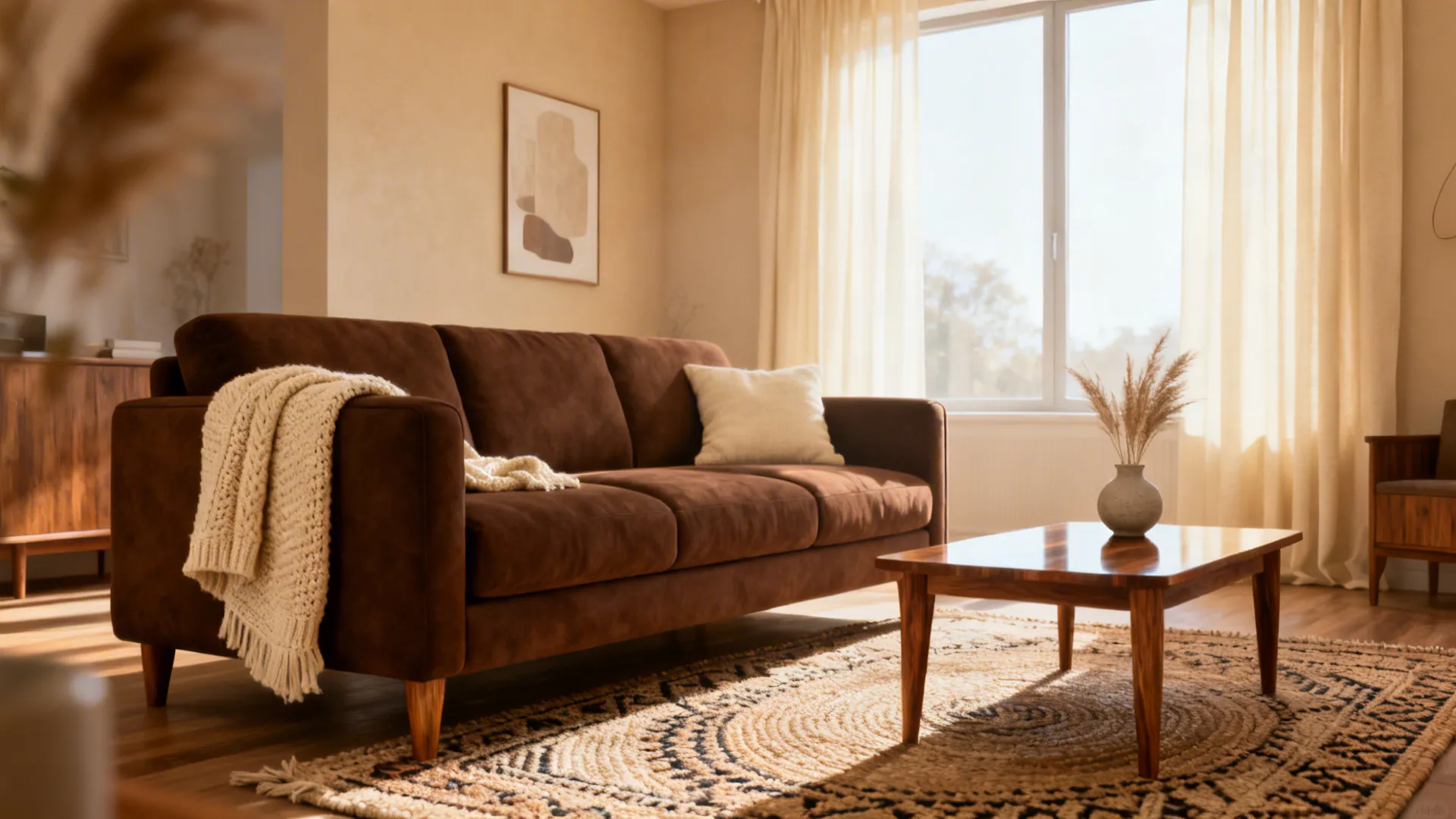 Brown sofa with white pillow patterned rug wooden coffee table and cream curtains in bright light