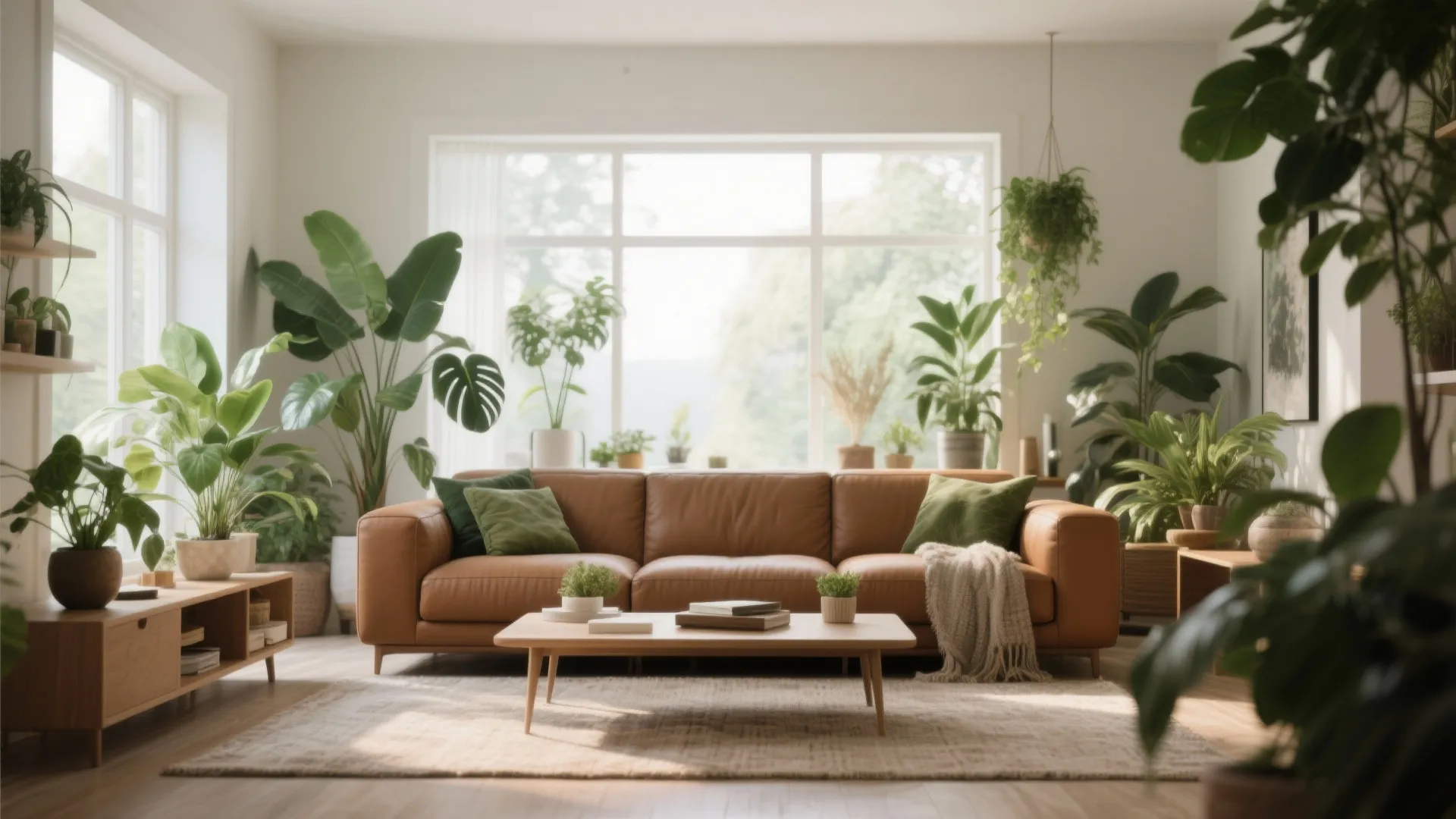 8. Brown Sofa and Indoor Plants