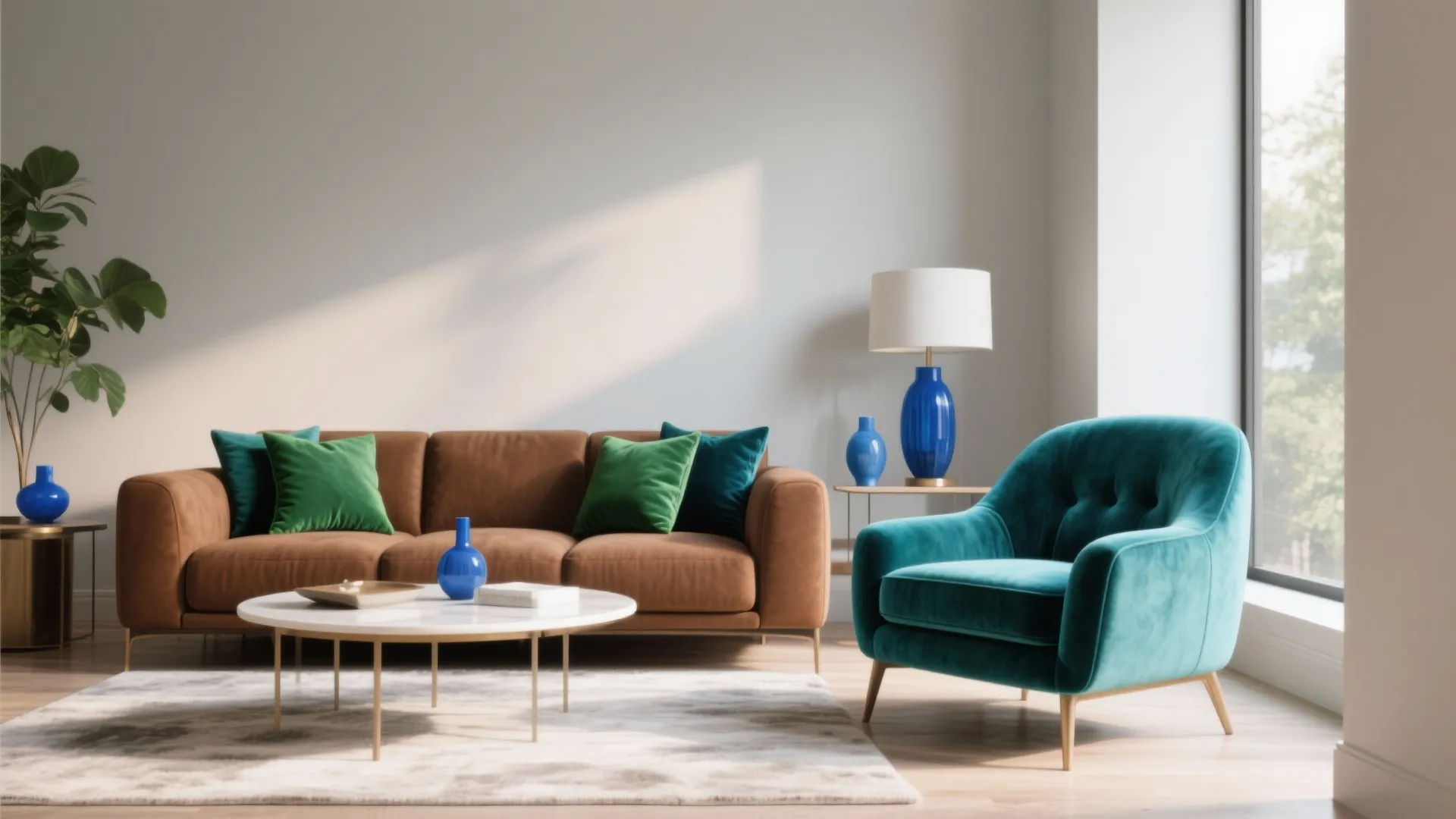 Brown sofa with teal and jewel tone accents