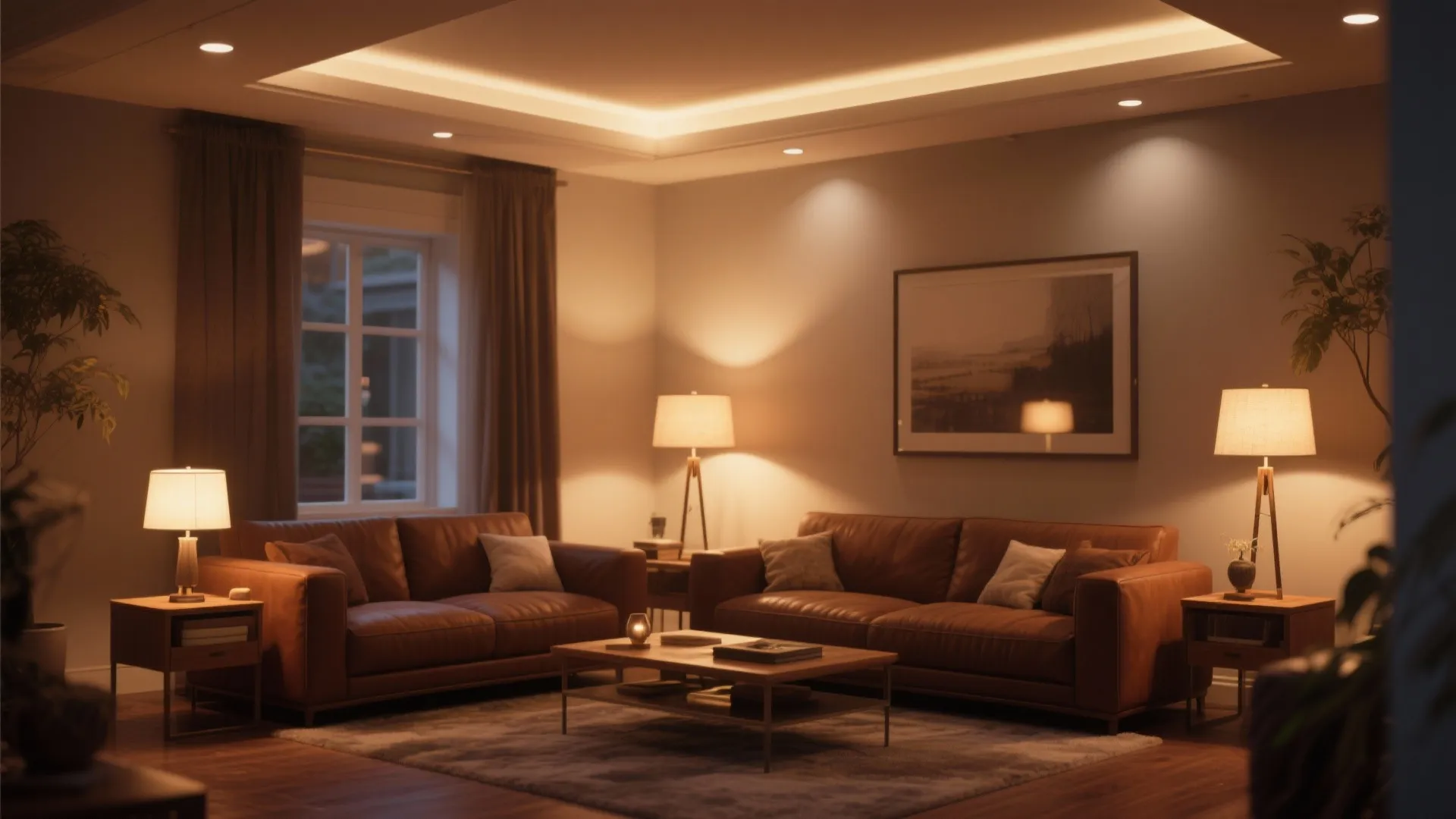 Brown sofa highlighted by layered lighting sources