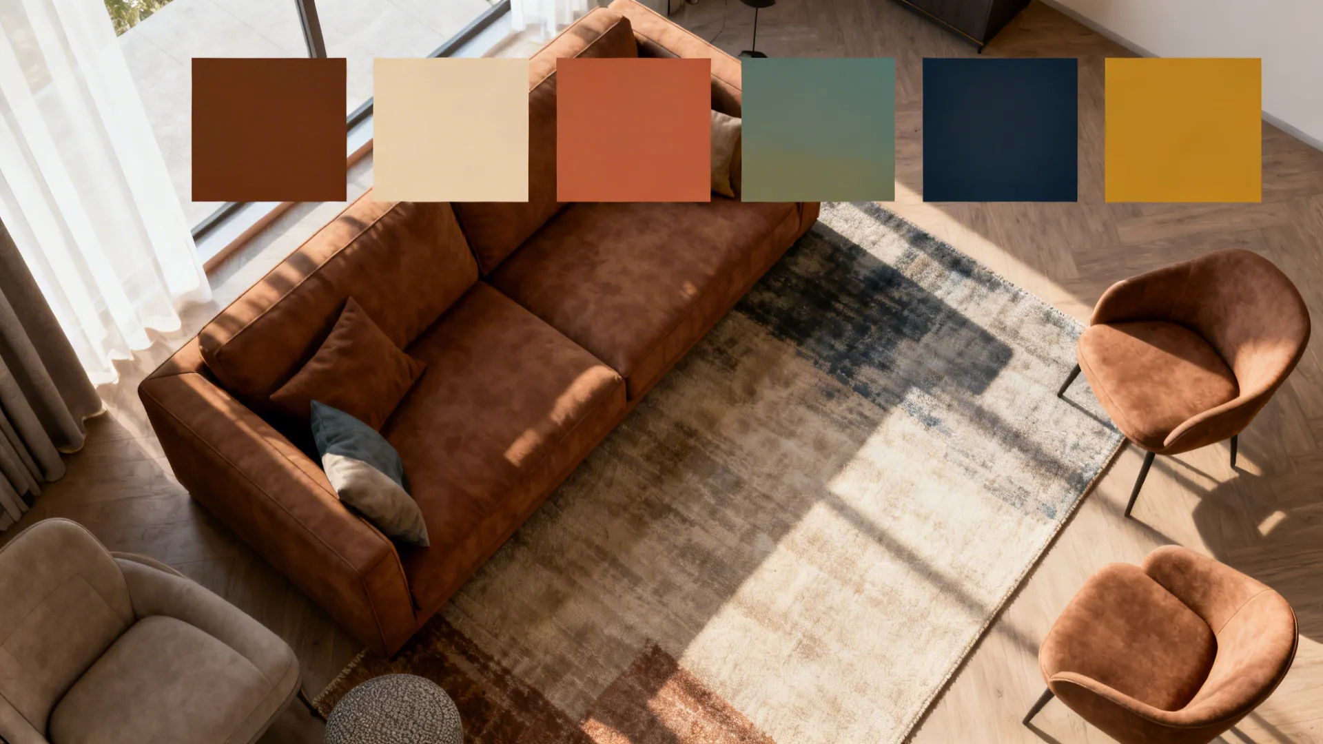 Top view interior design drawing with brown sofa chairs rug and six color theme palette