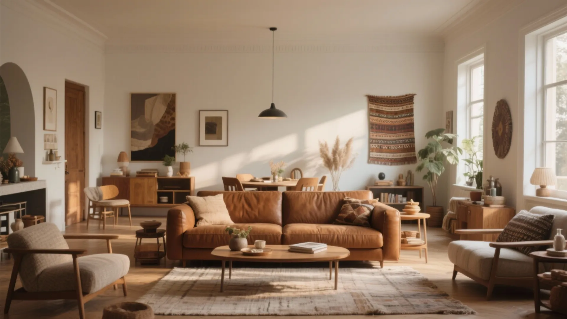 Spacious living room featuring brown leather sofa wooden coffee table and dining area in background