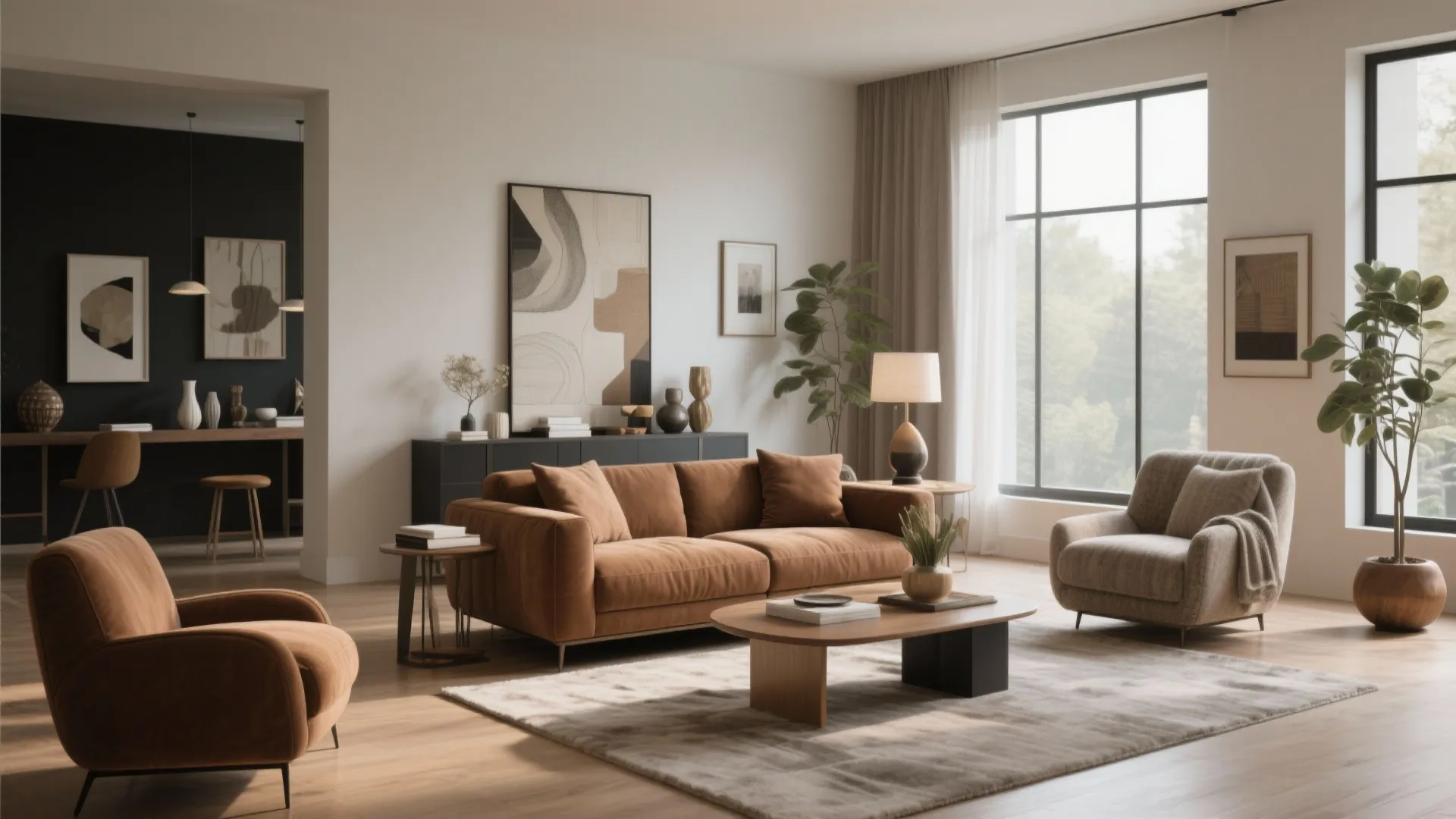 Modern living room featuring a brown sofa wooden coffee table rug and large bright windows