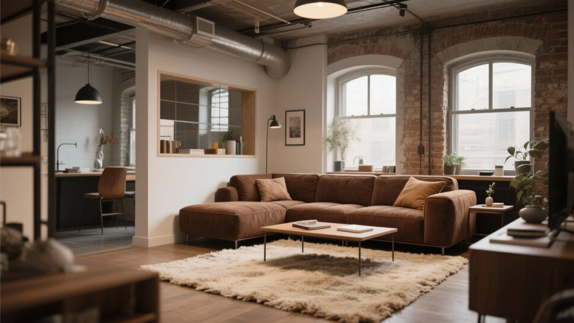 4. Brown Sofa with Neutral Area Rug
