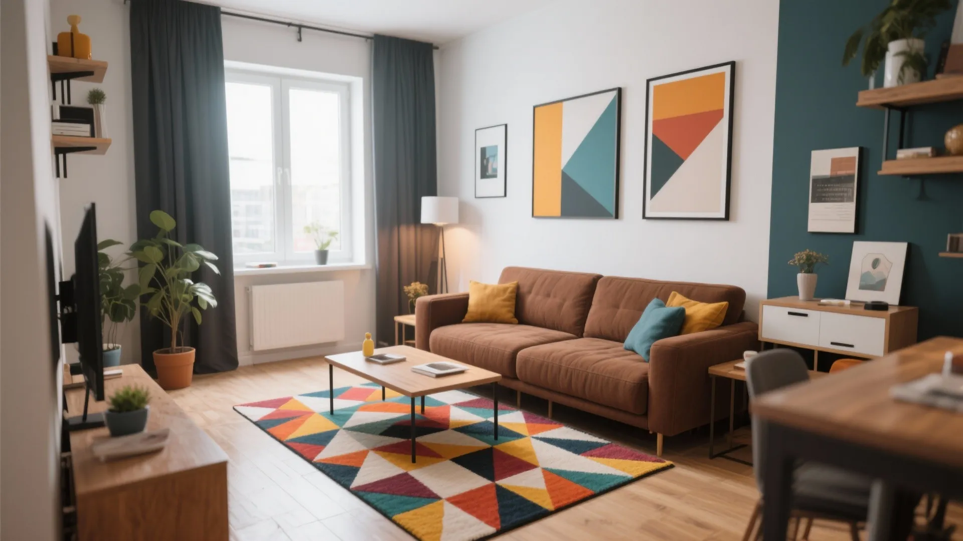 Bold geometric rug under a brown sofa in a small living room