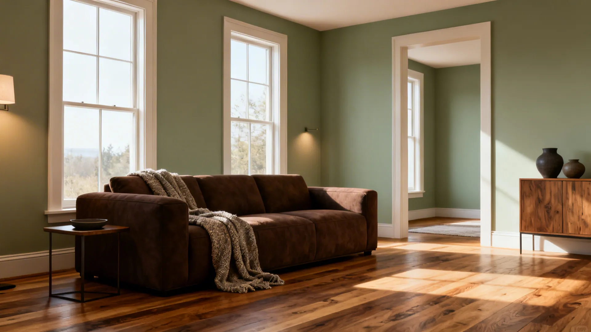 Modern living room featuring brown sofa sage green walls wooden floor and bright natural window light