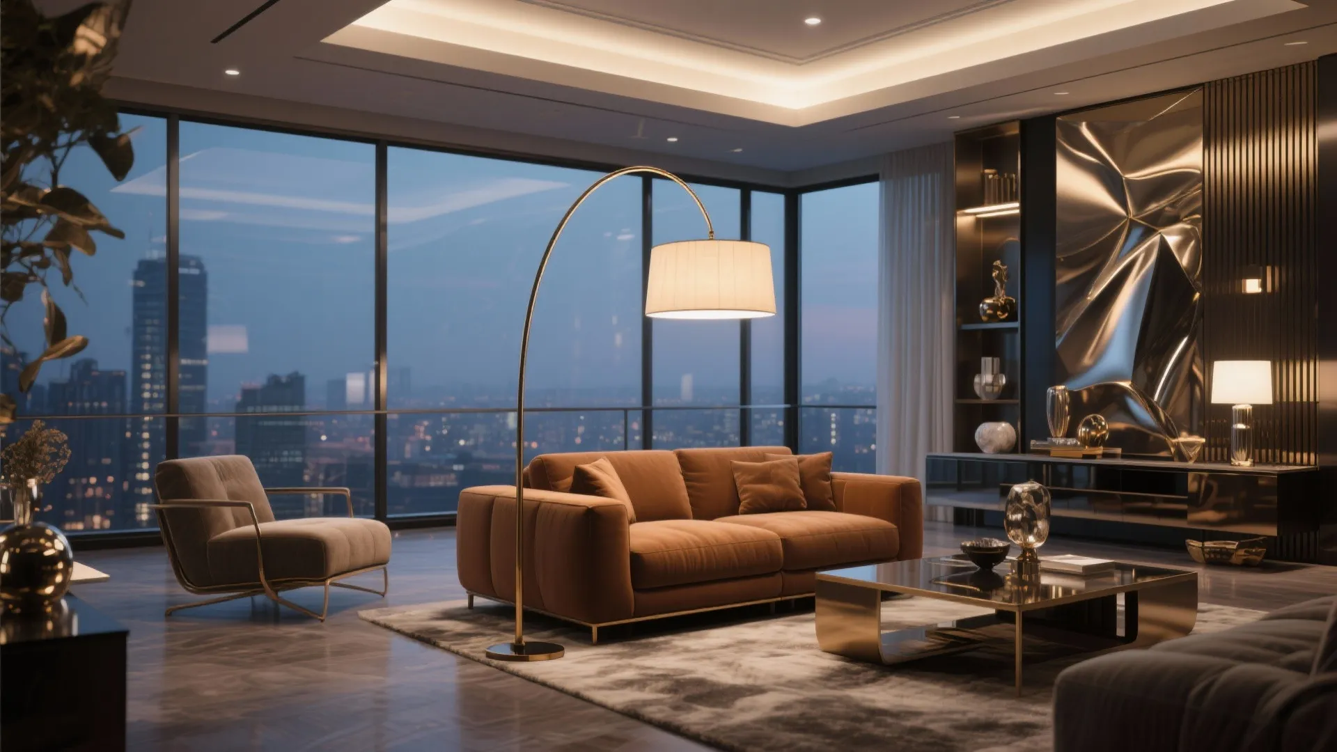 9. Brown Sofa with Statement Lighting