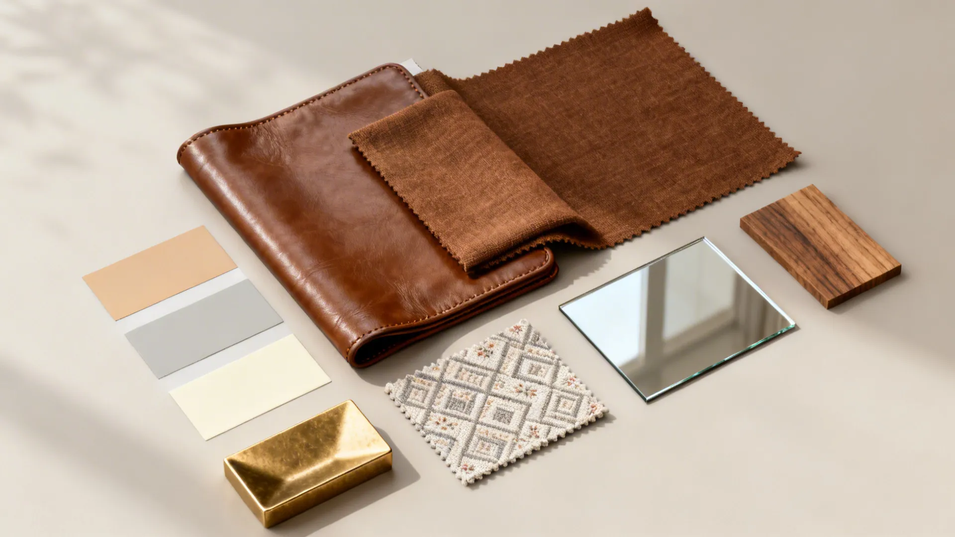 Interior design mood board with brown leather, fabric swatches, color tiles, patterned tile and mirror