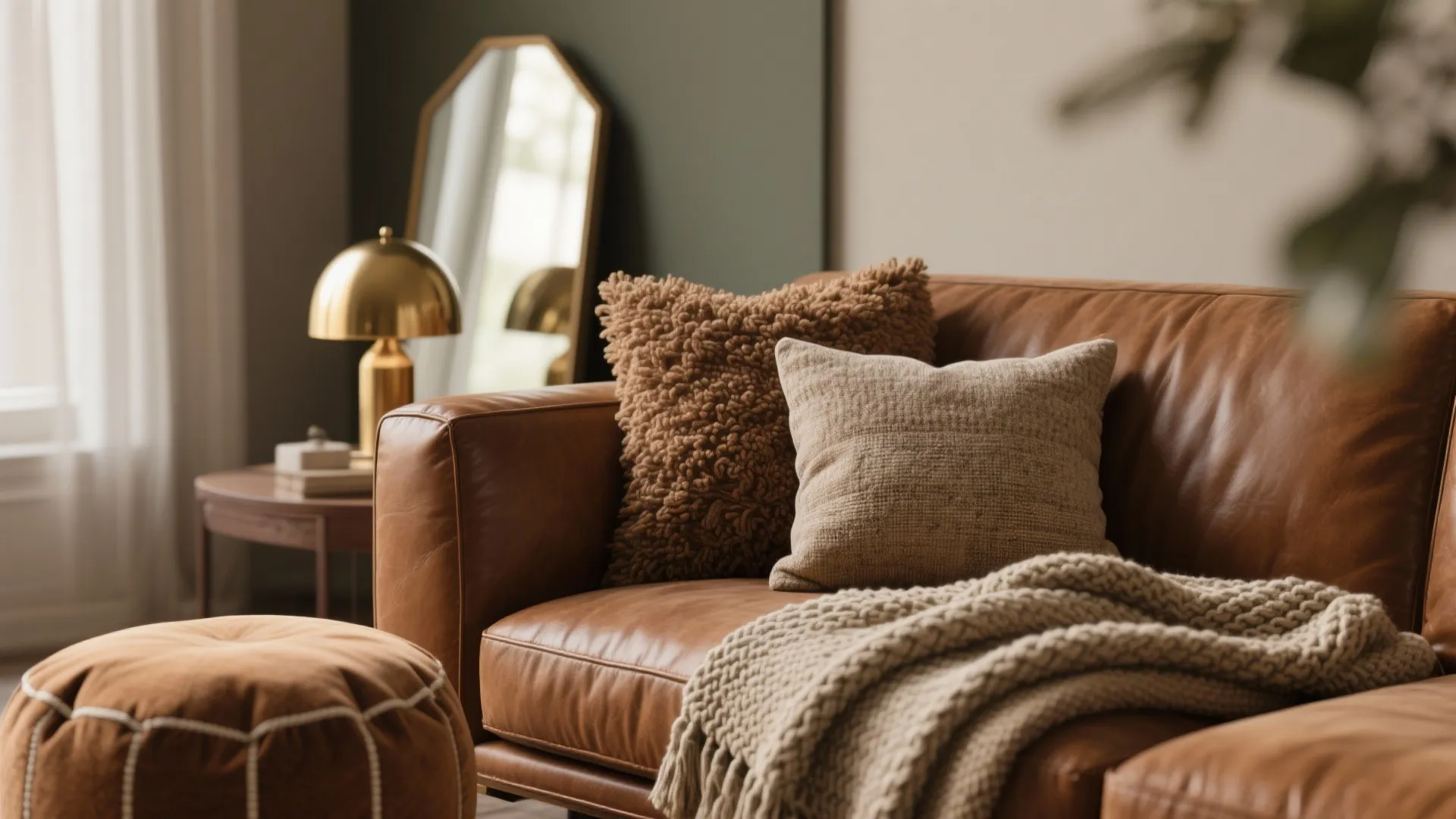 1. Layered Textures with a Warm Brown Sofa