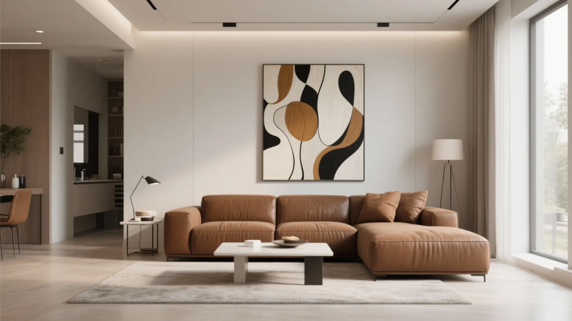 Brown sofa with large abstract wall art above