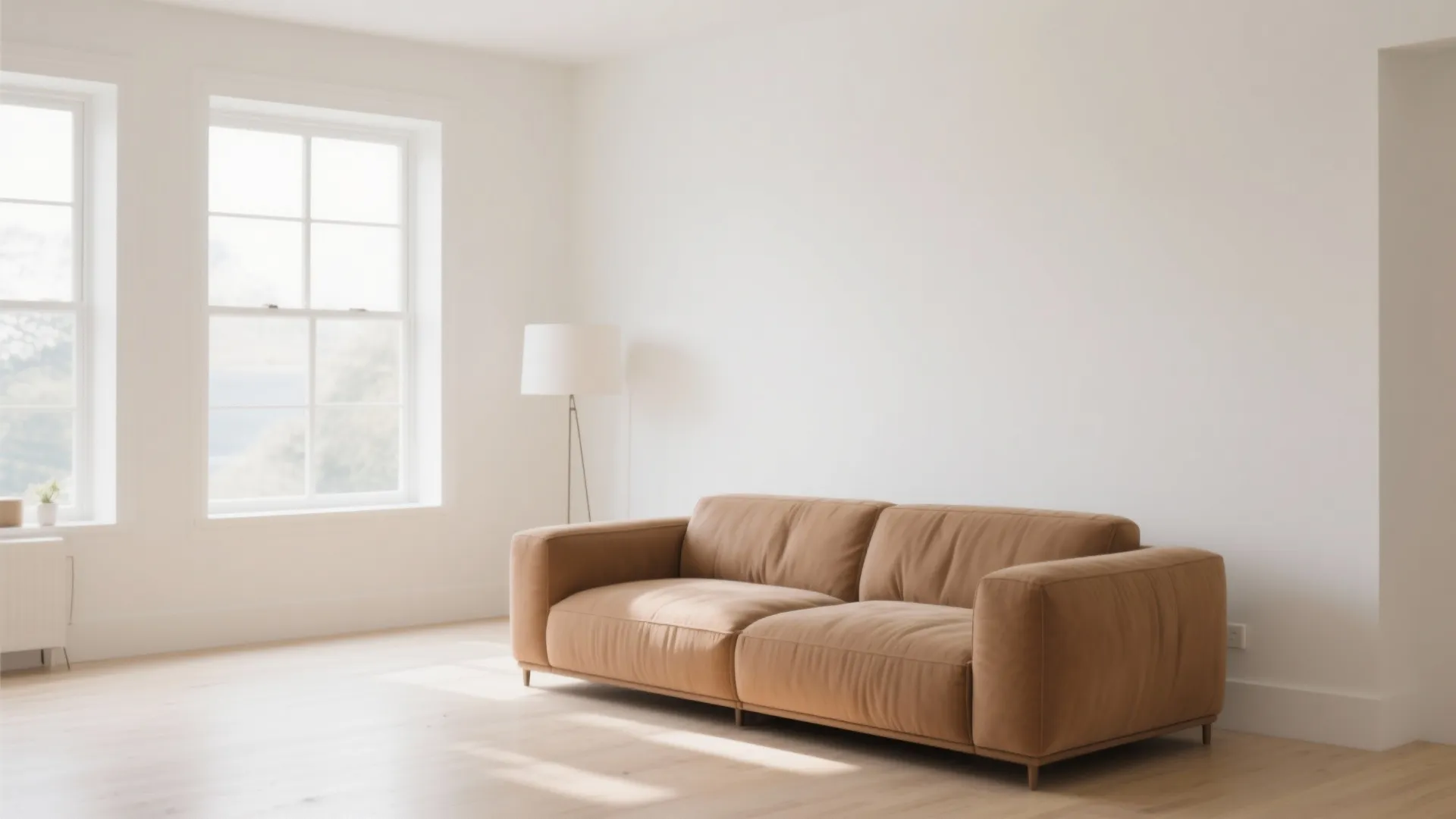Modern tan sofa in a bright room with white walls two large windows floor lamp