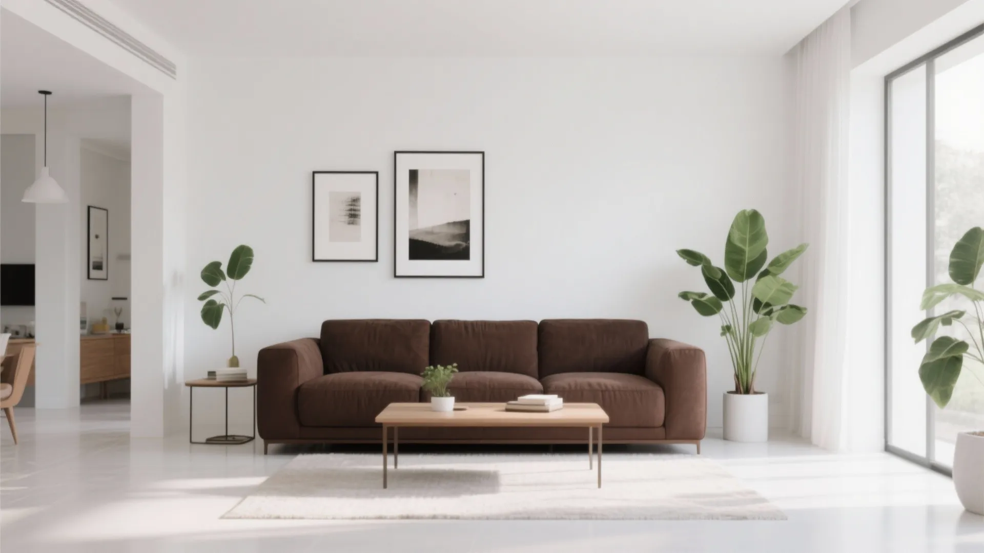 Brown sofa set against bright white walls in a modern room