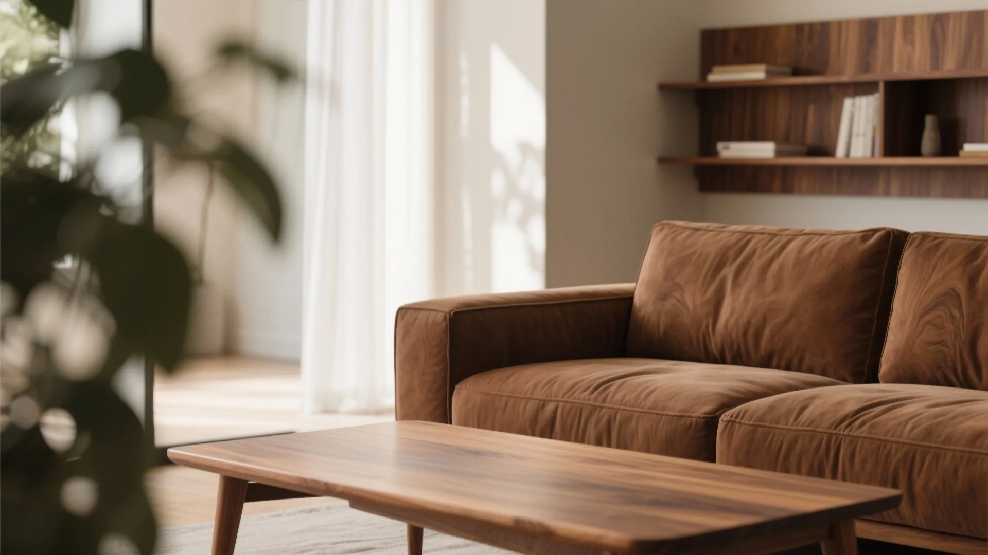 Close-up of brown sofa with oak and walnut furniture