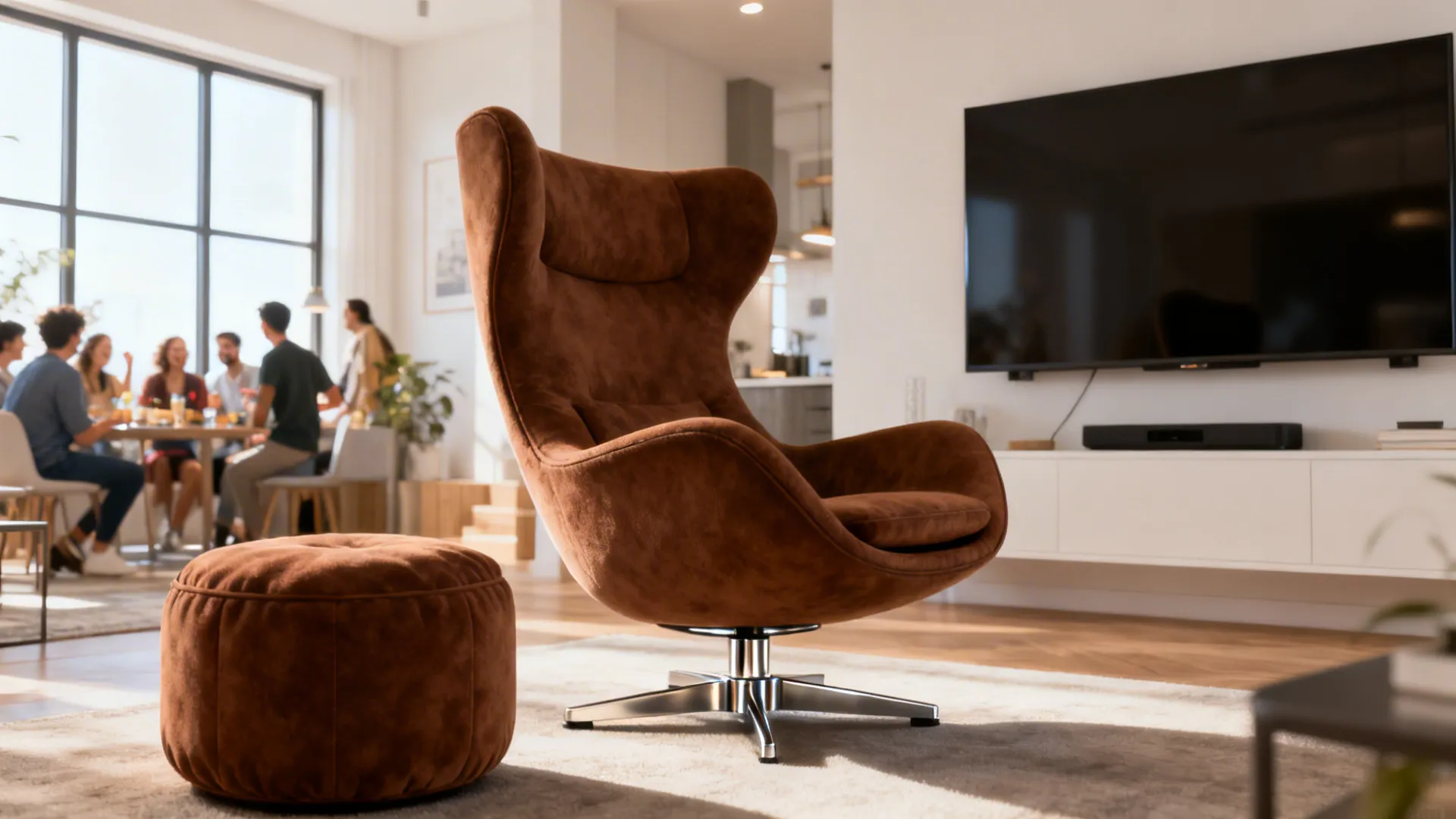 Brown swivel accent chair with a compact base and matching pouf in an open-plan living room