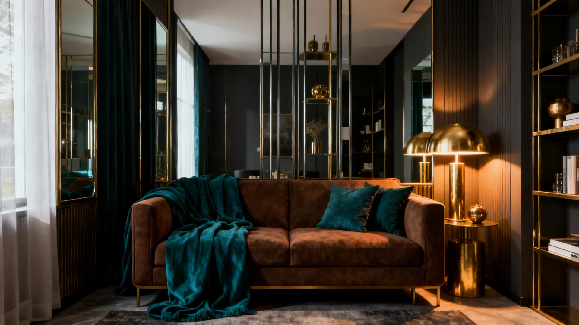 Elegant dark living room with brown sofa teal cushions gold table lamp and decorative metal shelving