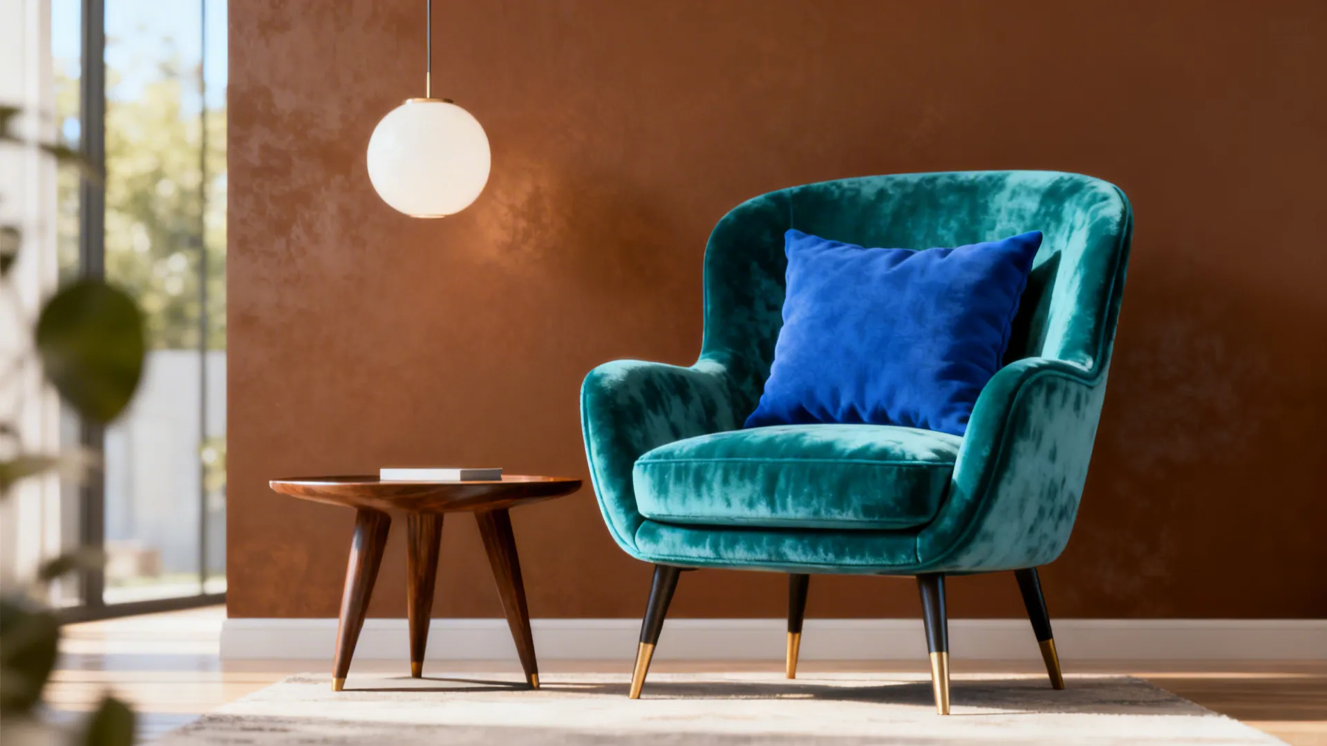 Brown accent wall contrasted with teal accent chair and blue cushions in a small living room