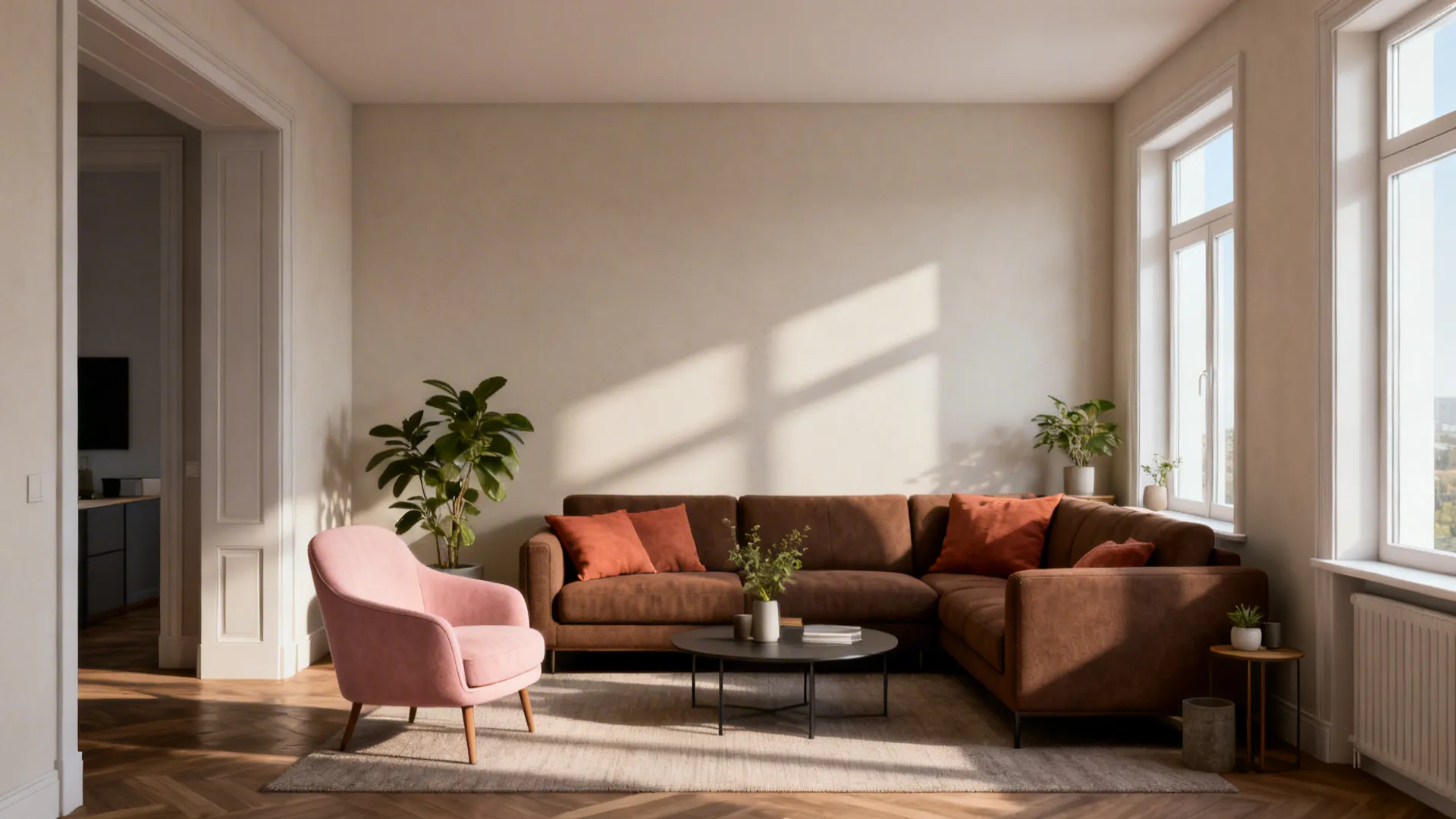 Modern living room featuring a brown sofa pink armchair black coffee table plants and natural light