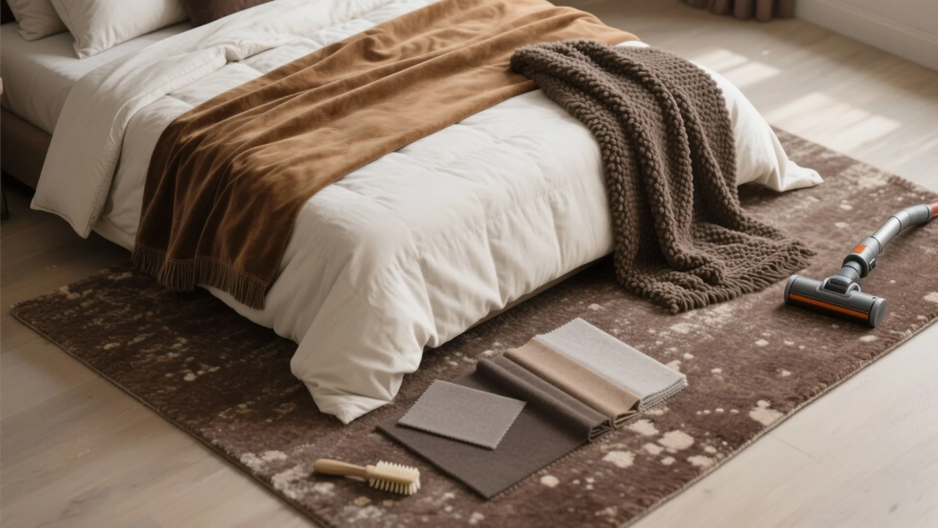 Modern bedroom featuring a brown patterned rug with fabric samples a vacuum cleaner and bed