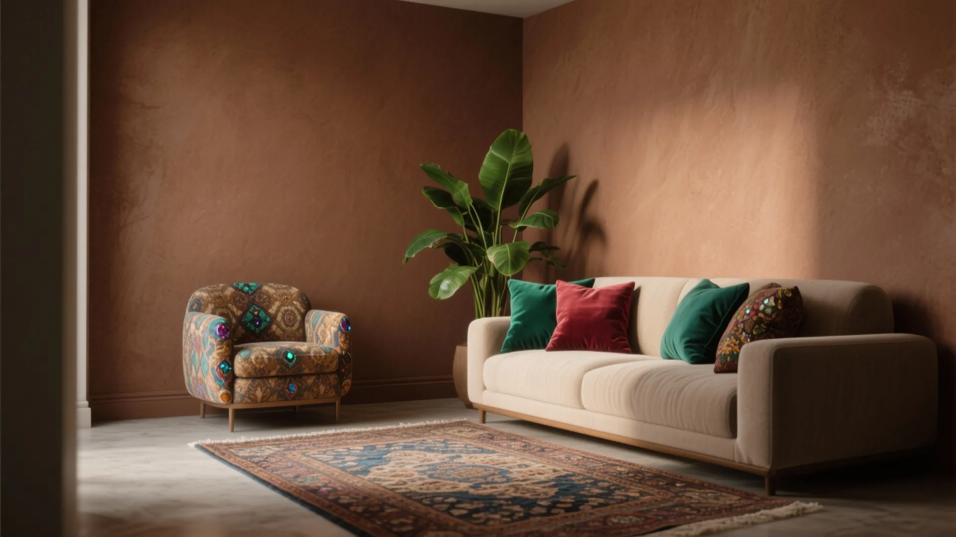 Living room interior with patterned sofa colorful pillows green plant patterned rug and warm brown walls