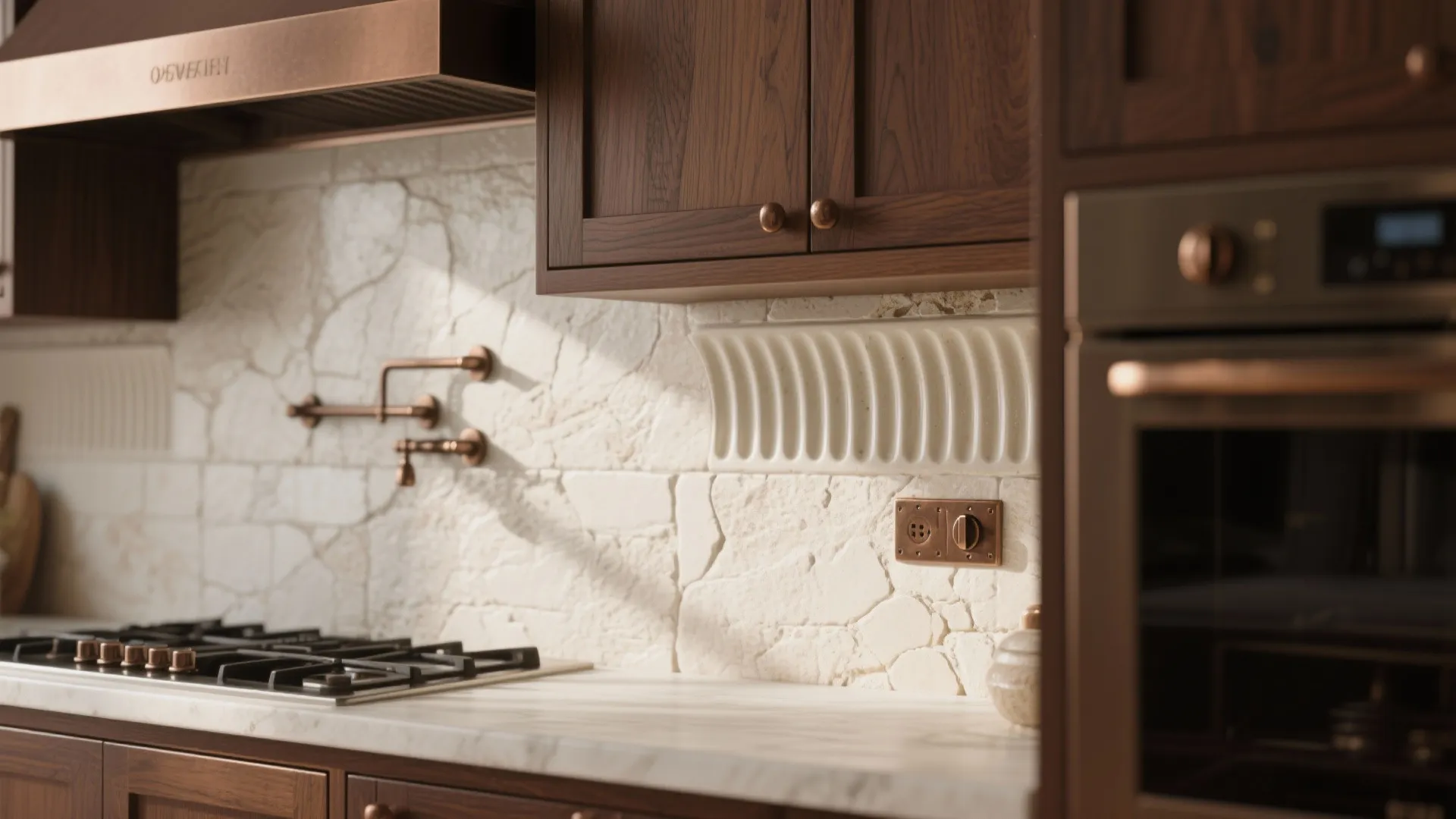 Macro of textured backsplash with smoked bronze hardware and deep brown cabinet edge.