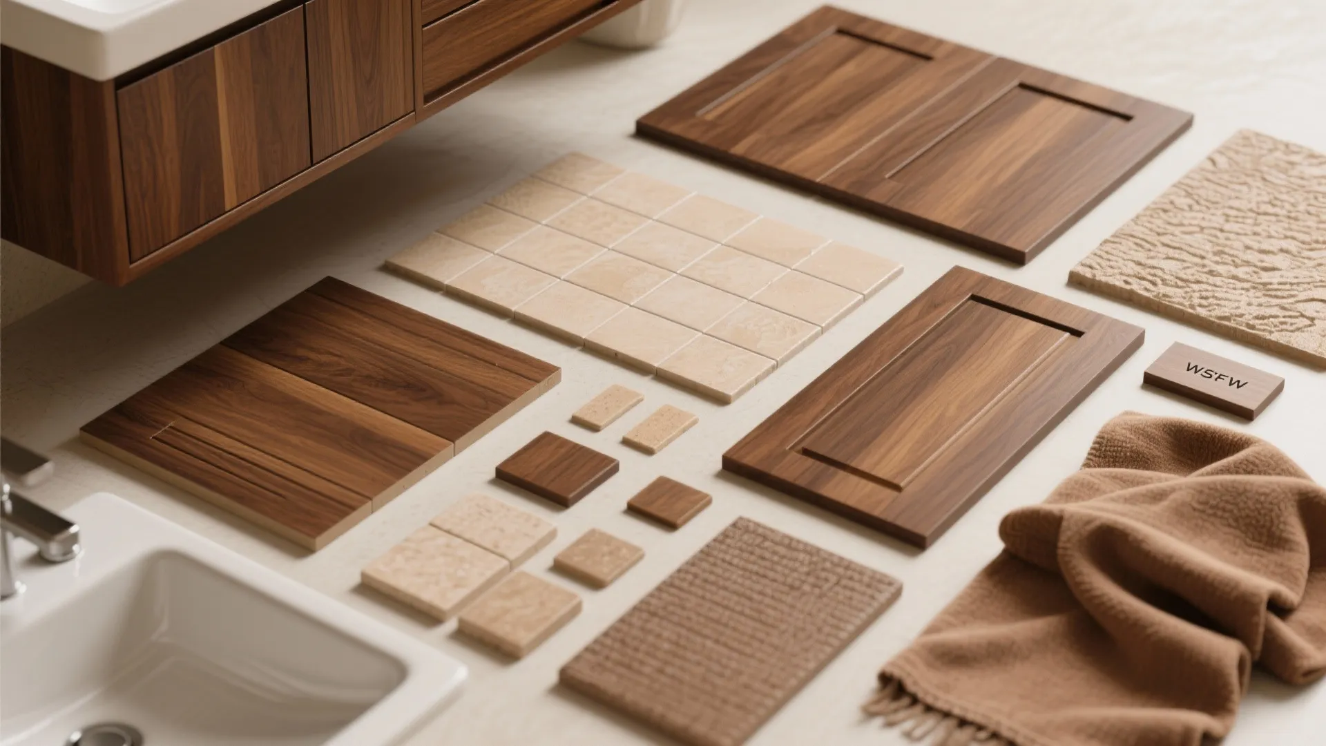 Assorted walnut wood, sandy tiles, and fabric textures for bathroom